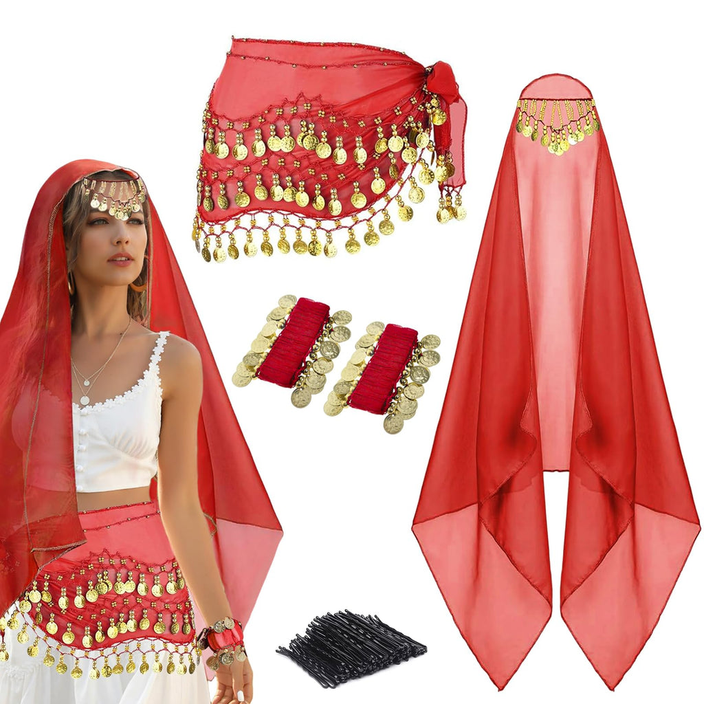 4Pcs Belly Dance Outfit Sets, Belly Dance Chiffon Hip Scarf with Coins, Gypsy