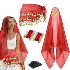 4Pcs Belly Dance Outfit Sets, Belly Dance Chiffon Hip Scarf with Coins, Gypsy
