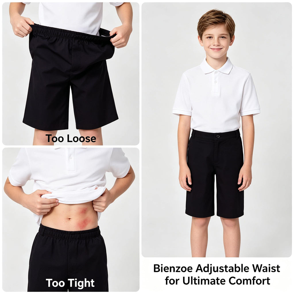 Bienzoe Boys School Uniform Shorts: Flat Front Cotton Bermuda - Adjustable Waist - Breathable for Church Outdoor - Aged 9-10 Black Size 10