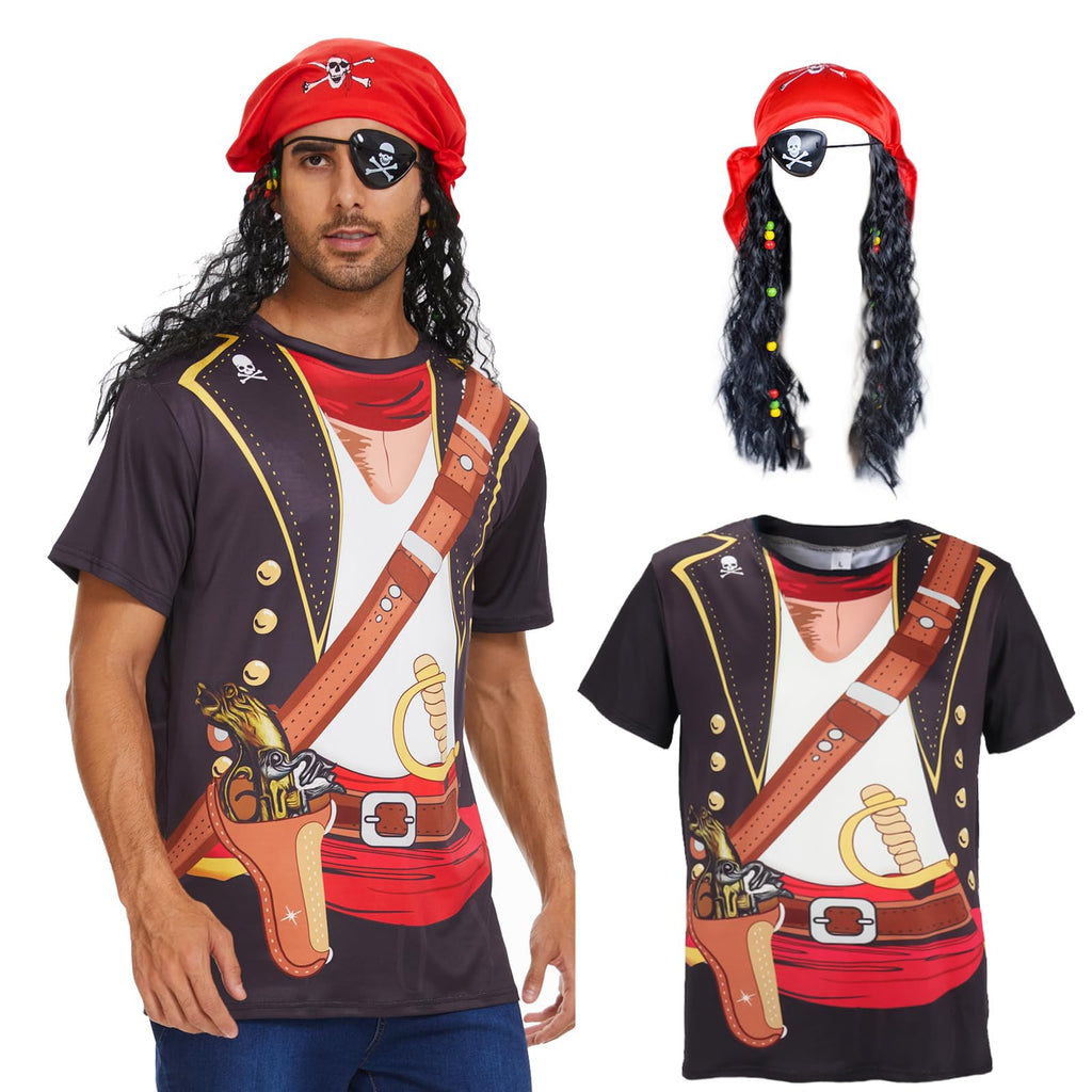 Vegove Novelty Men's Pirate Costume T-Shirts Set, 3D Caribbean Cruise Night
