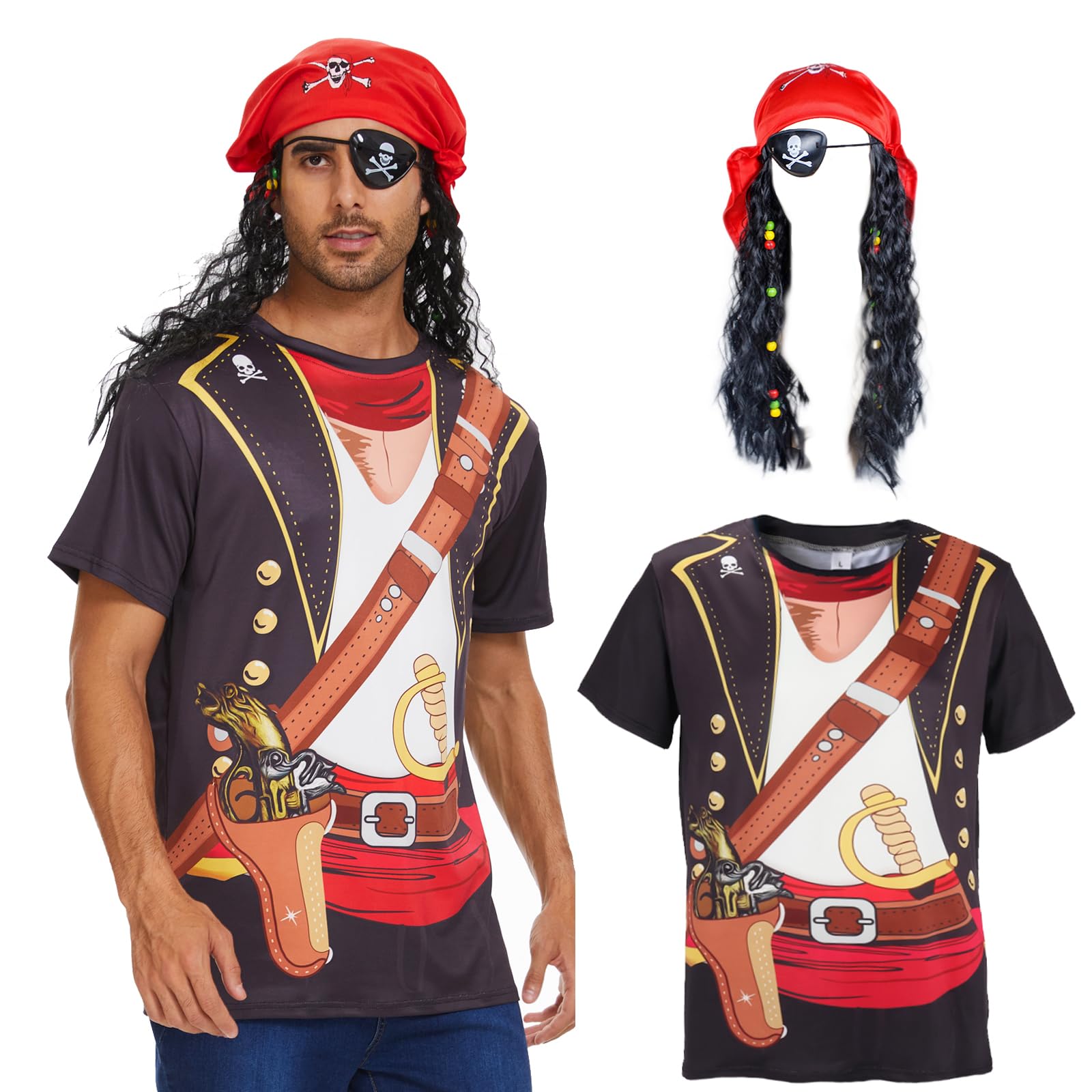 Vegove Novelty Men's Pirate Costume T-Shirts Set, 3D Caribbean Cruise Night