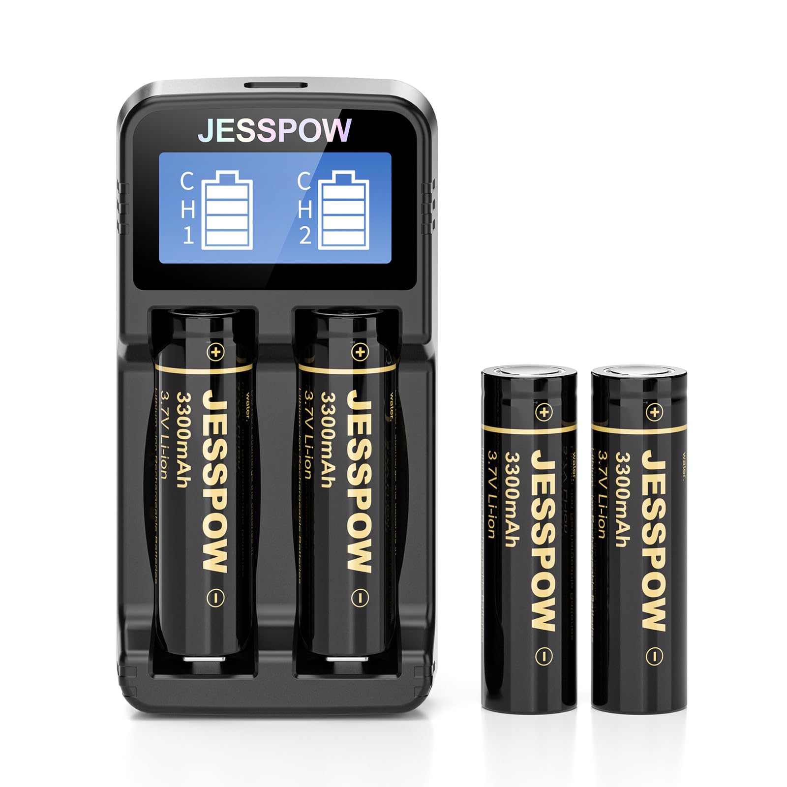 2-Slot 18650 Battery Charger Set 4pcs 3300mAh Flat Top, Universal 3.7V Li-ion
