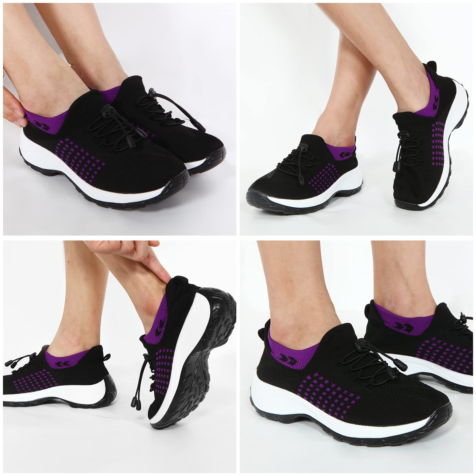 STUNAHOME Orthopedic Sneakers Breathable Women Walking Shoes Slip on Trainers Women's Comfortable Casual Ladies Athletic Shoe Thick Bottom Black-Purple