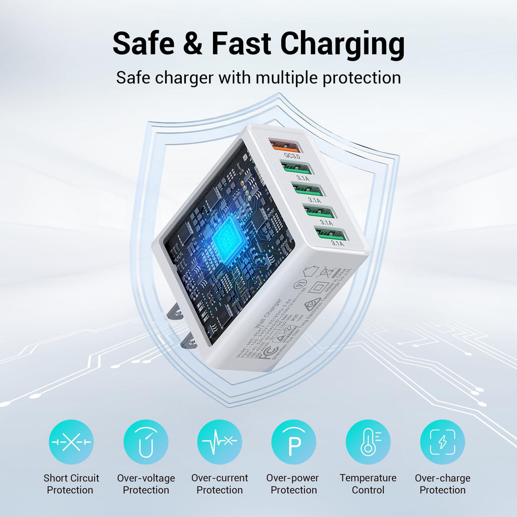 50W USB Wall Charger Block,2Pack 5-Port Charger Fast Charging Block QC 3.0