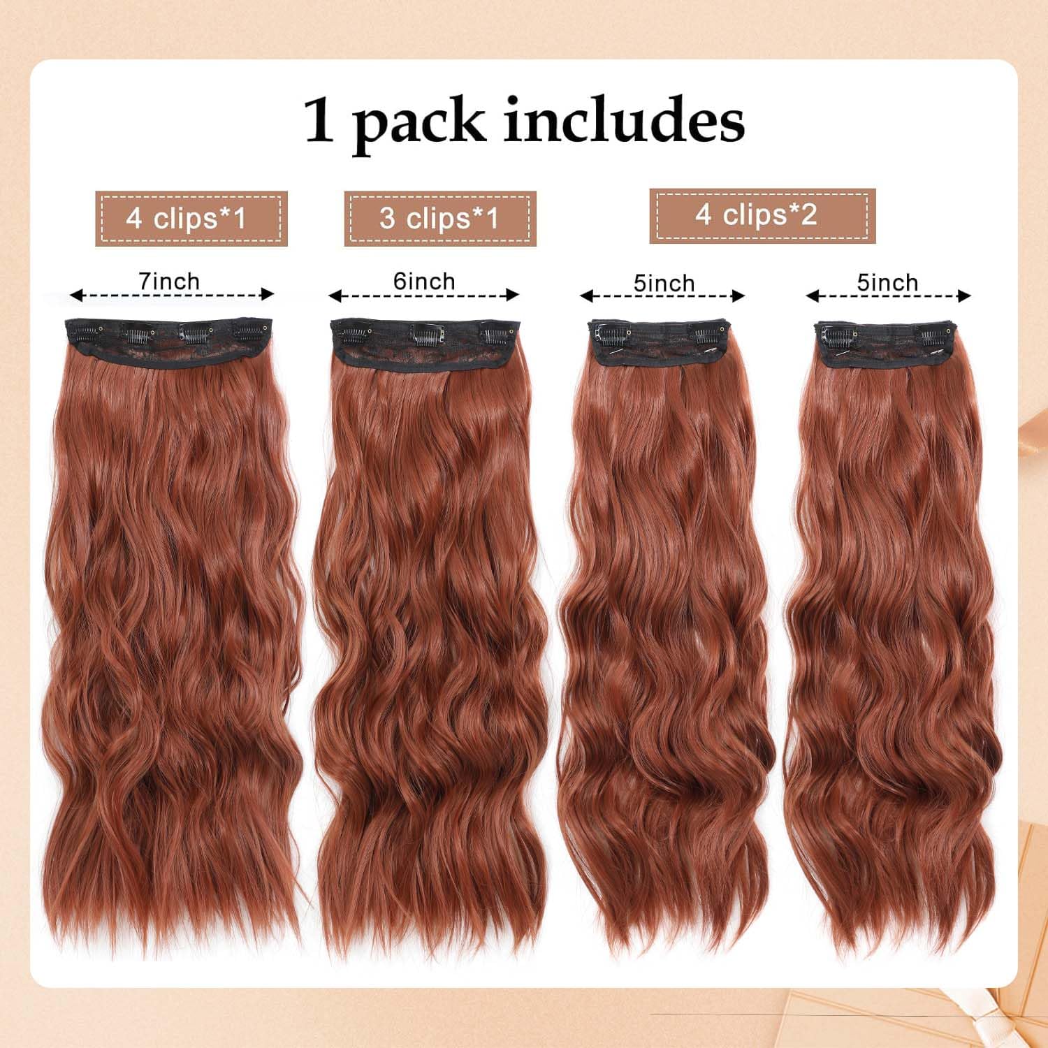 Clip in Hair Extensions 4 PCS 20 Inch Auburn Long Wavy Hair Extensions, Natural