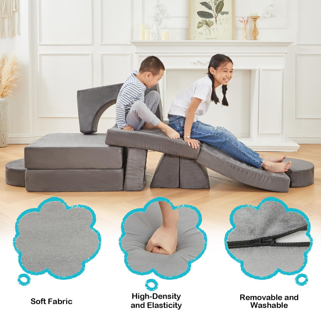 TROOPVILLE Modular Kids Play Couch, Fort Building Kids Couch for Room, Toddler Sofa That Folds, Grey
