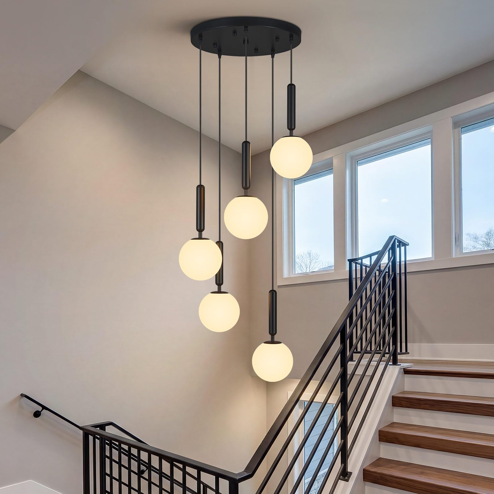 5 Light Black Globe Pendant Light Mid Century Modern Milk Glass Kitchen Island