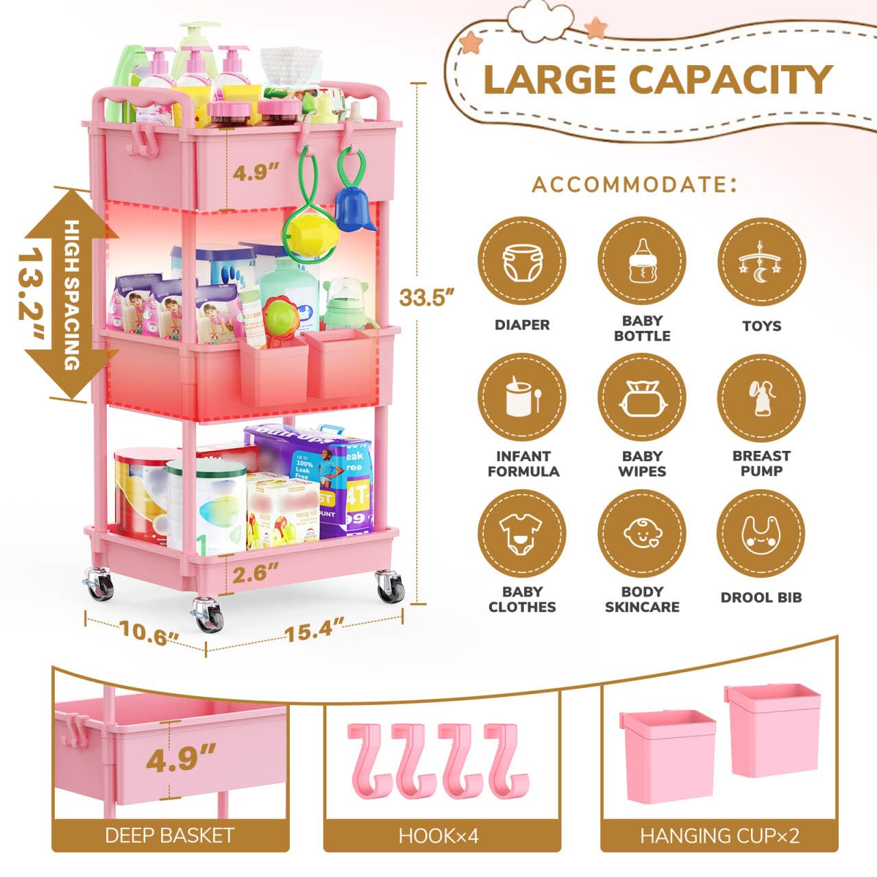 Goovilla Diaper Cart with Lockable Wheels and Easy Assembly, 3 Tier Pink Rolling