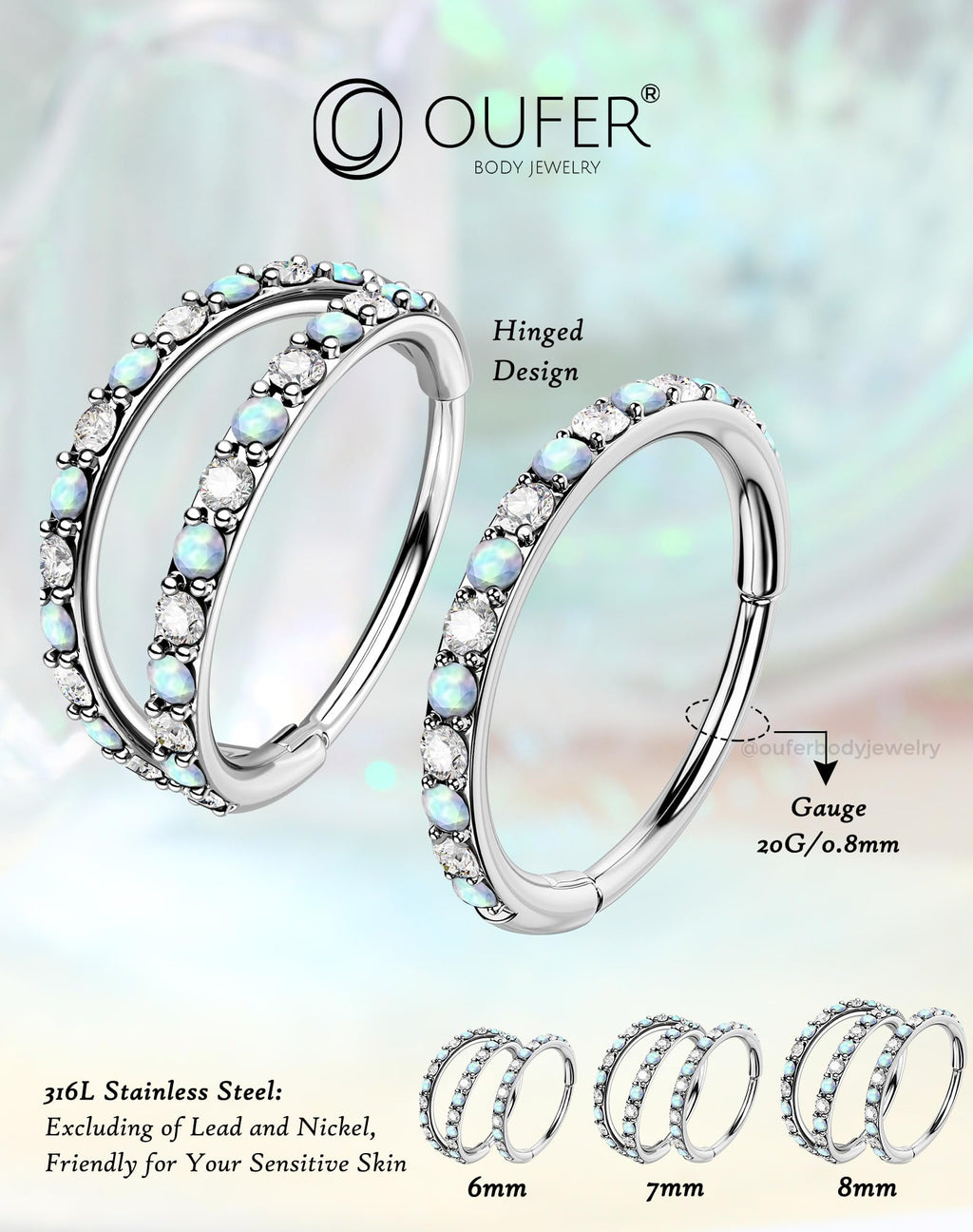 OUFER 2PCS Opal Nose Rings Hoops, 20G 7MM Single and Double Hoop Nose Rings for