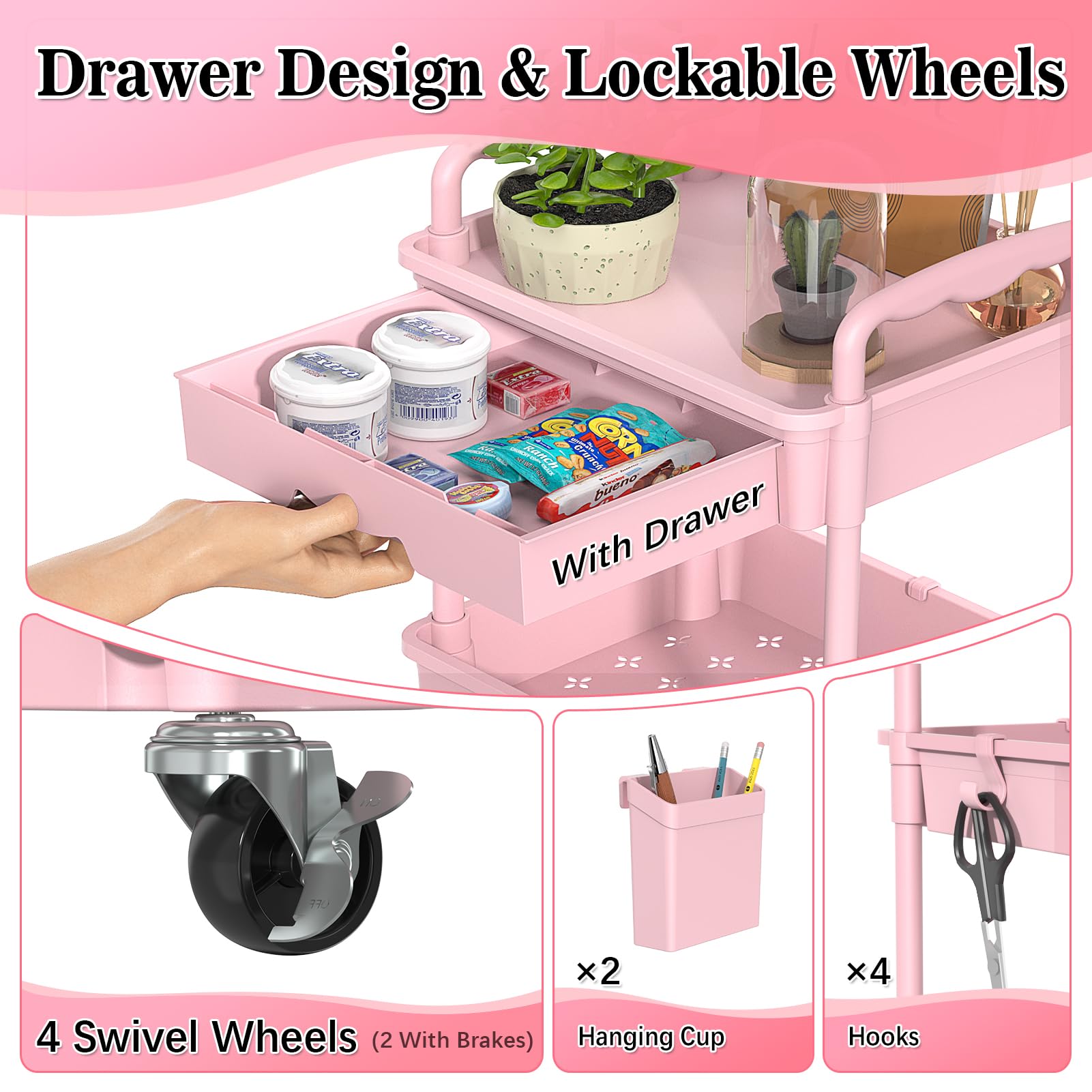 3 Tier Rolling Cart with Drawer Pink Storage Organizer Bathroom Kitchen Office