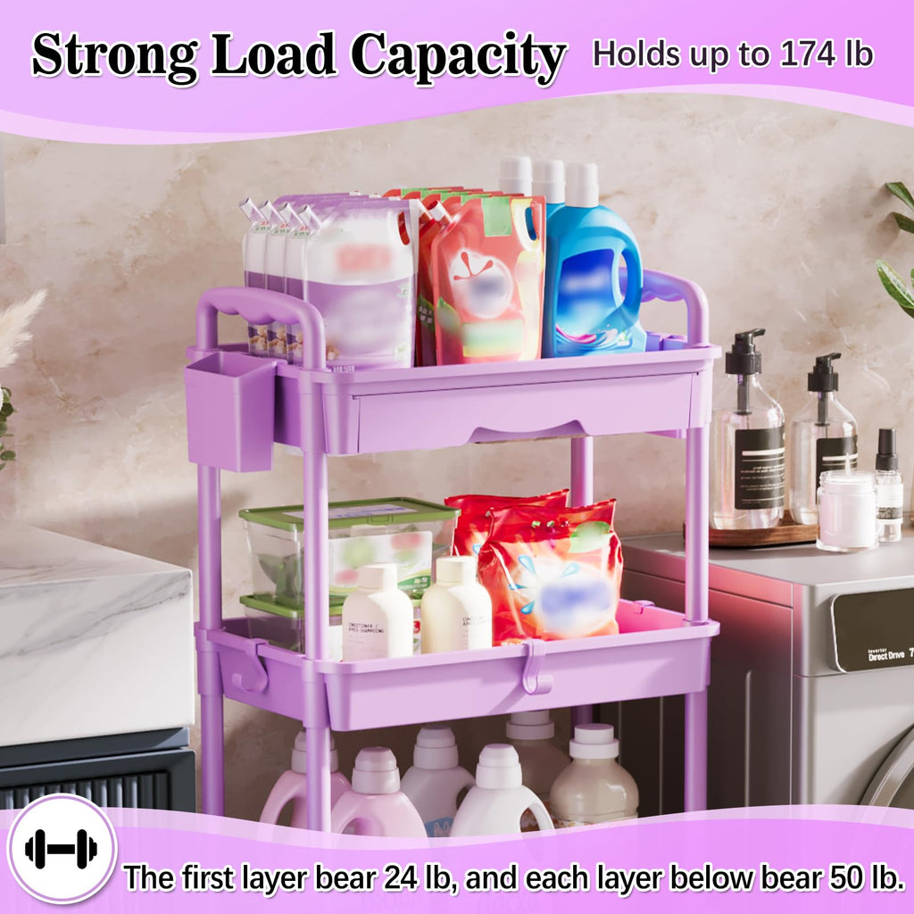 SUNALLY 4 Tier Rolling Cart Organizer w/ Drawer Storage Cart Purple Wheels