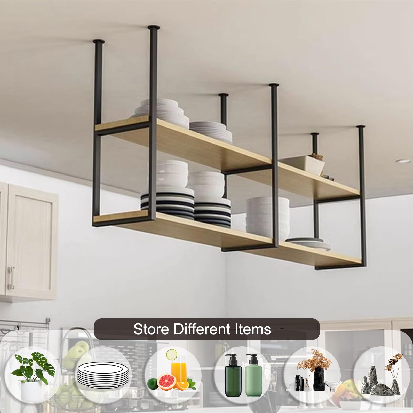 47.2" Industrial Ceiling Hanging Shelf 2 Layer Wine Rack Kitchen Wood Mount