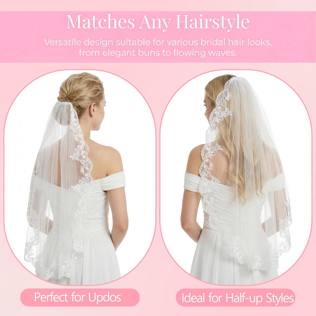 Josojoou White Wedding Bridal Veil, (Comb not included) 1 Tier Floral Edge