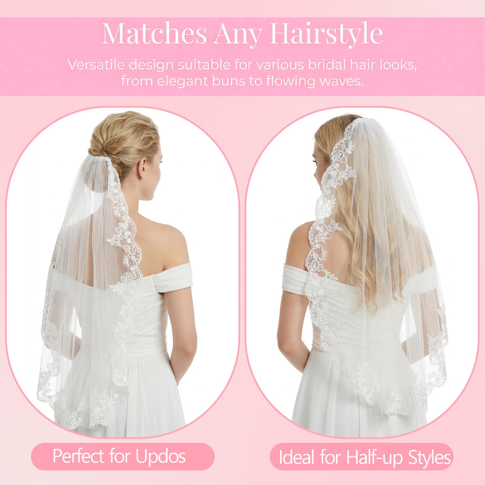 Josojoou White Wedding Bridal Veil, (Comb not included) 1 Tier Floral Edge