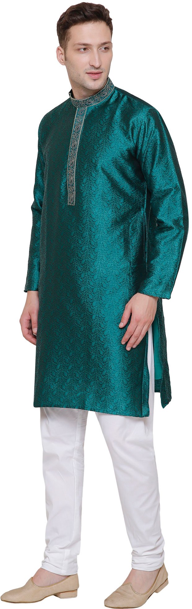 Poly Silk Men's Kurta Pajama India Clothing Wedding Party Wear (Green, XL)