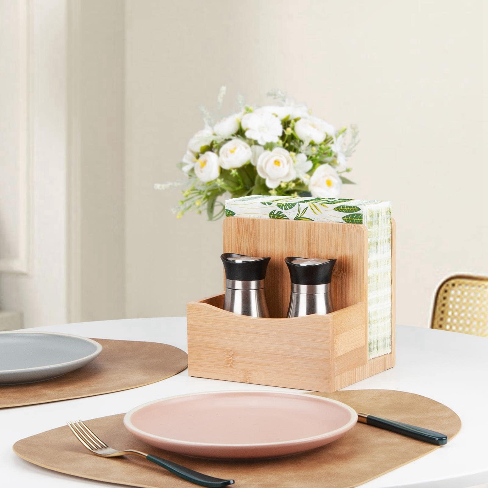 Bamboo Salt Pepper Napkin Holder Set Kitchen Dining Table Caddy Organizer