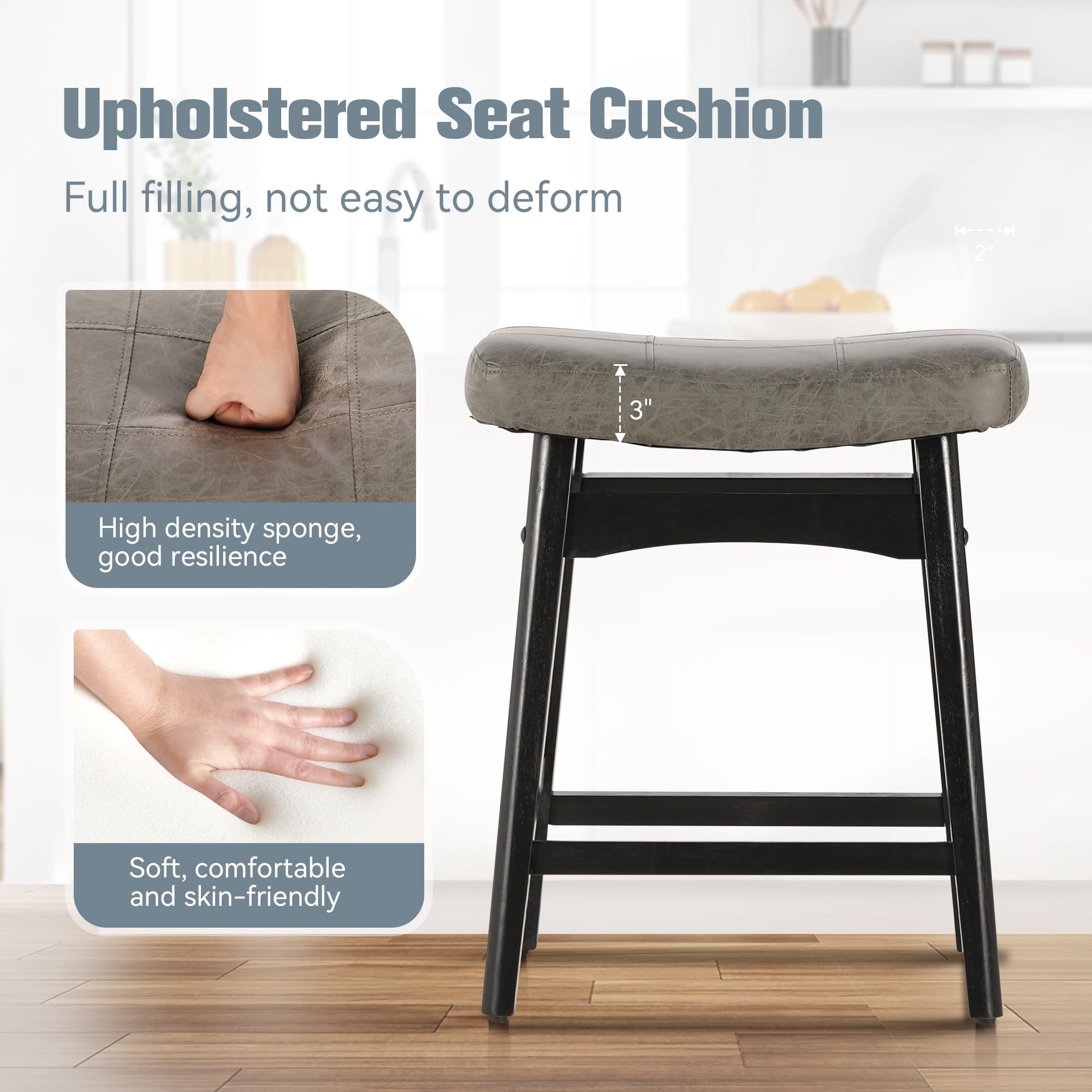 Erste!Bravo Grey Solid Wood Bar Stools Set of 2 for Kitchen Counter Height