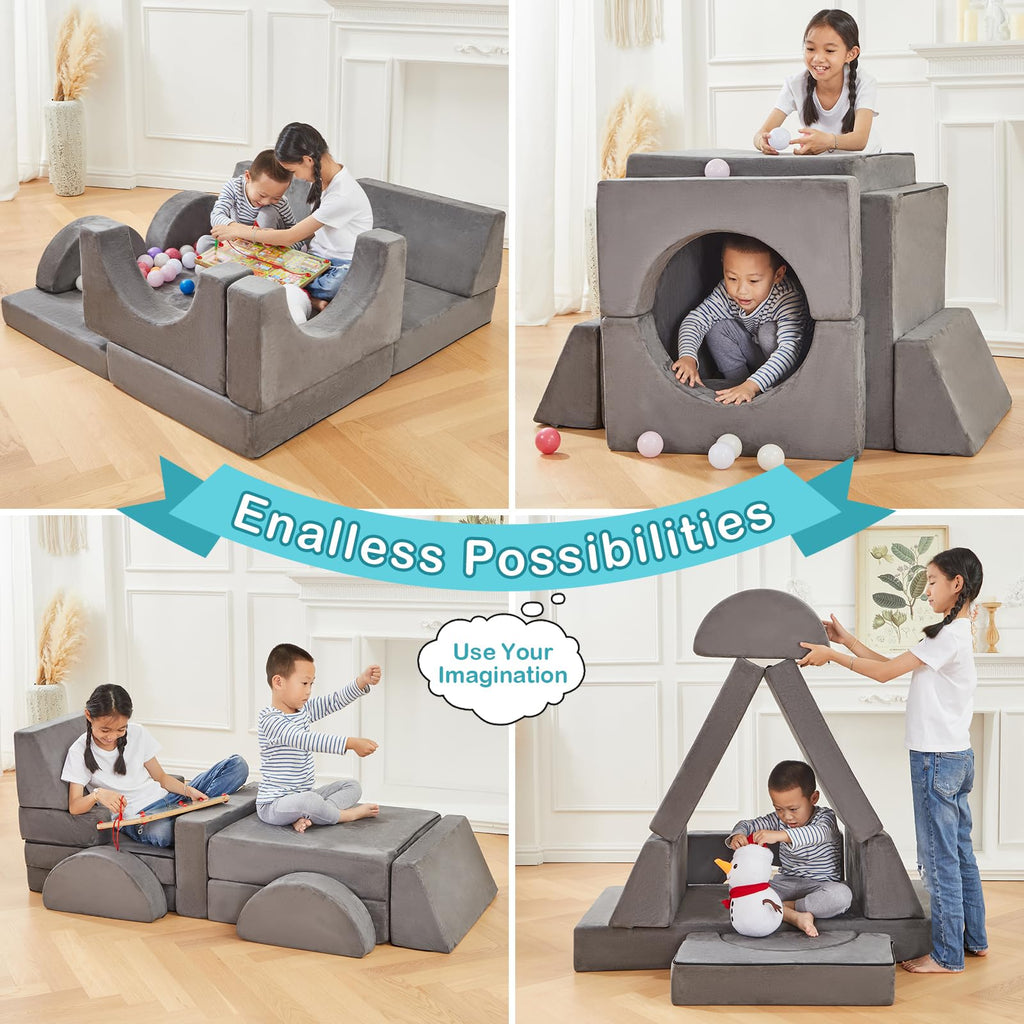 TROOPVILLE Modular Kids Play Couch, Fort Building Kids Couch for Room, Toddler Sofa That Folds, Grey