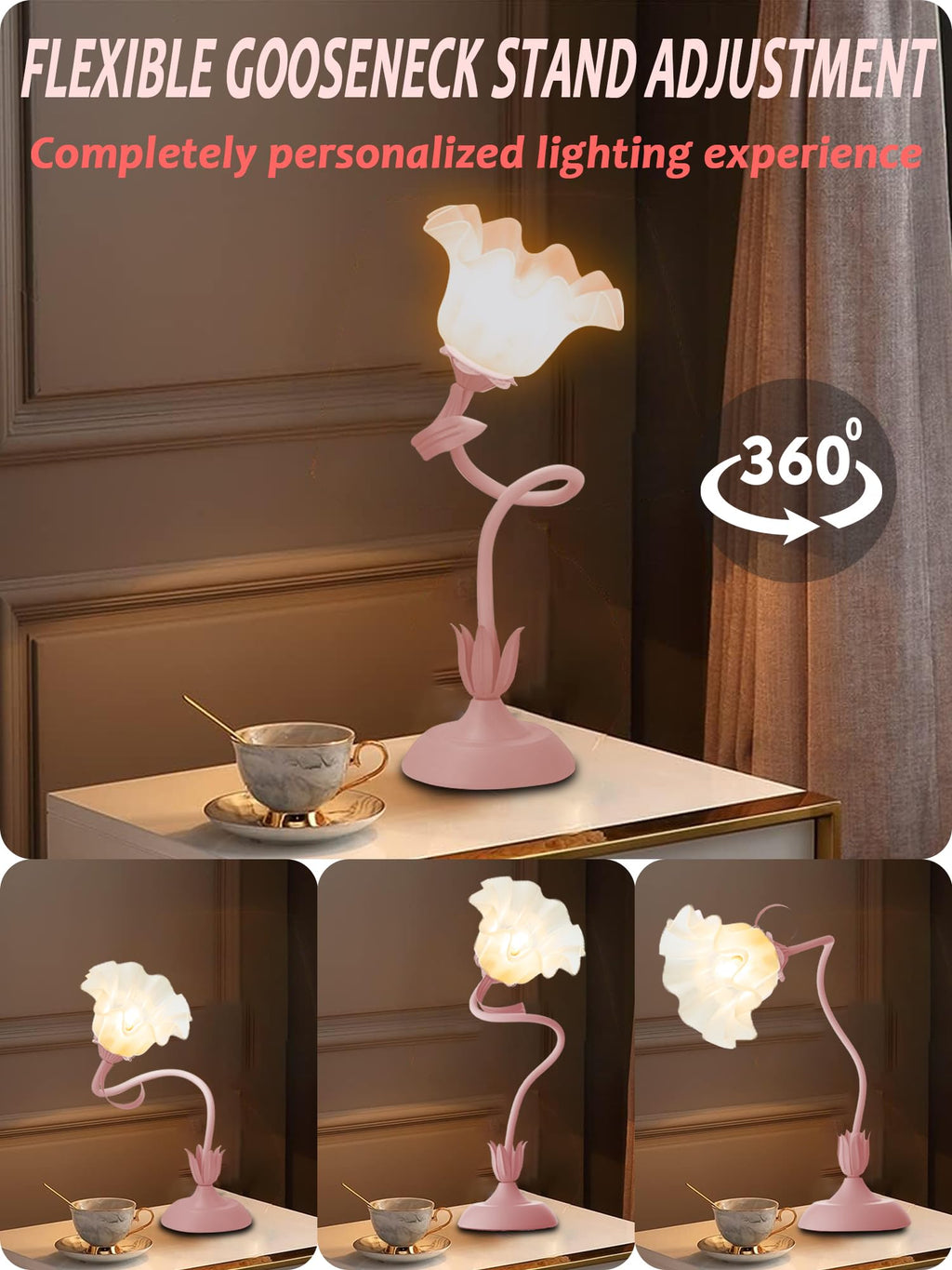 Flower Table Lamp LED Bedside Night Light 3 Color Modes Pink Kawaii Decor