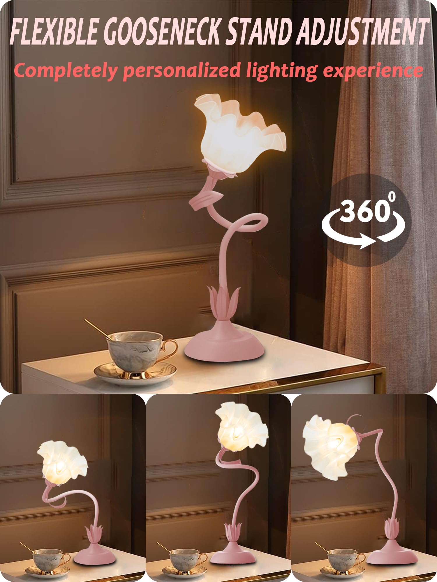 Flower Table Lamp LED Bedside Night Light 3 Color Modes Pink Kawaii Decor