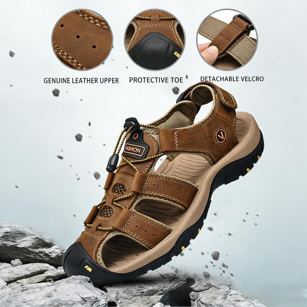XENTORD Men's Genuine Leather Sport Sandals Comfort Platform Non-Slip Hiking Sandals with Arch Support Lightweight Closed Toe Outdoor Trail Water Shoes (Gray,8)