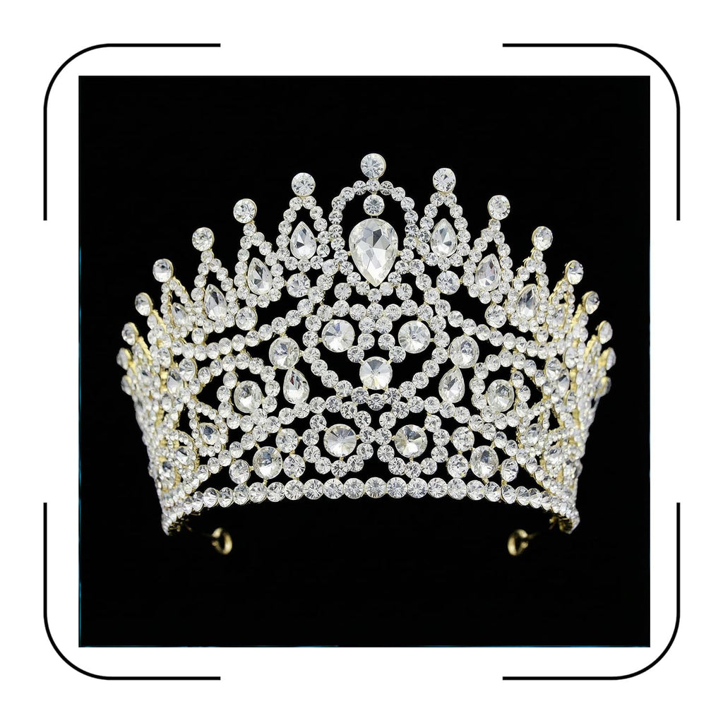Large 5" Golden Rhinestone Crown Women Sparkly Quinceanera Pageant Tiara