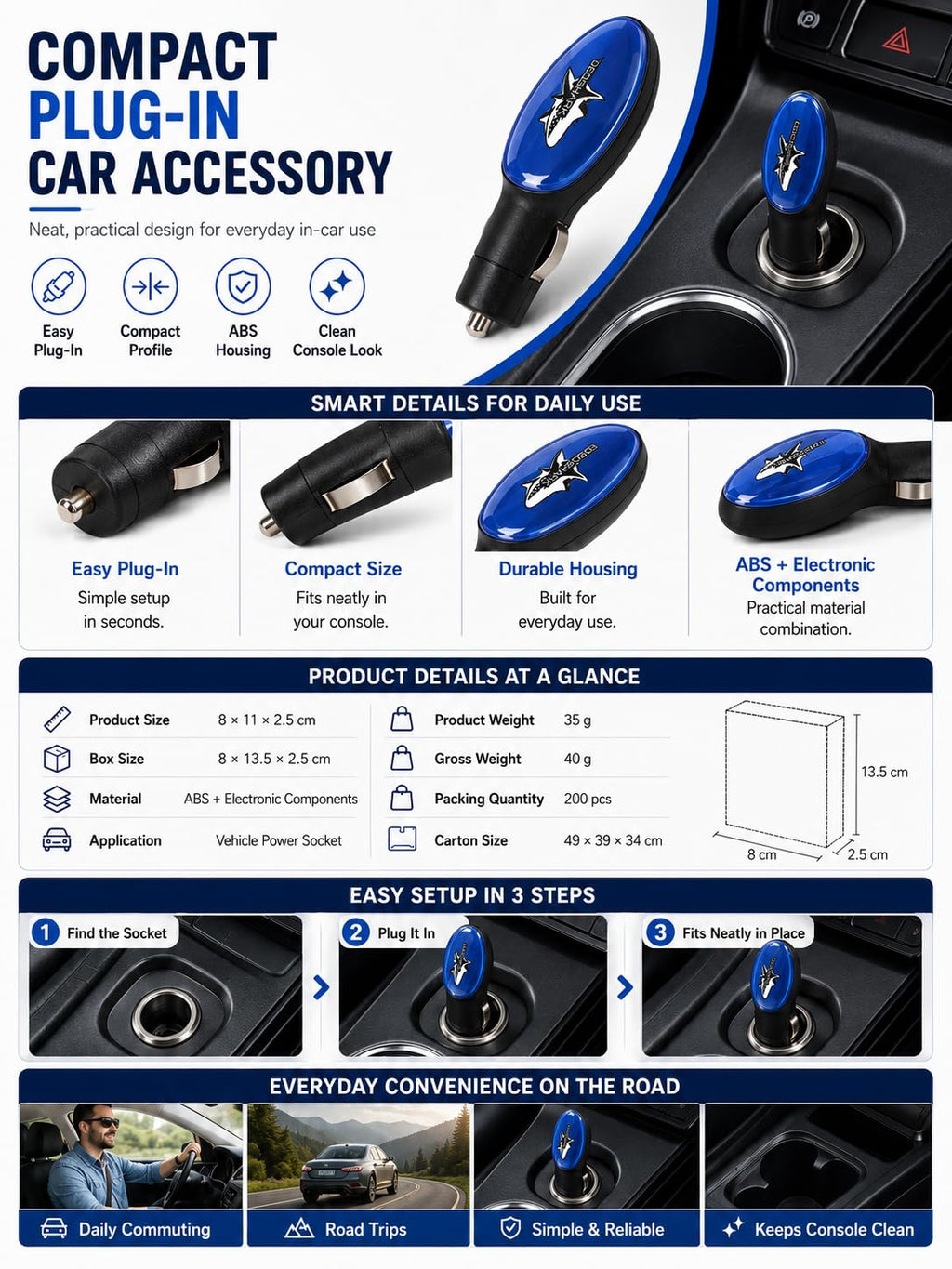 Amavheaf Compact Plug-in Car Accessory, Blue Vehicle Power Socket Accessory, ABS