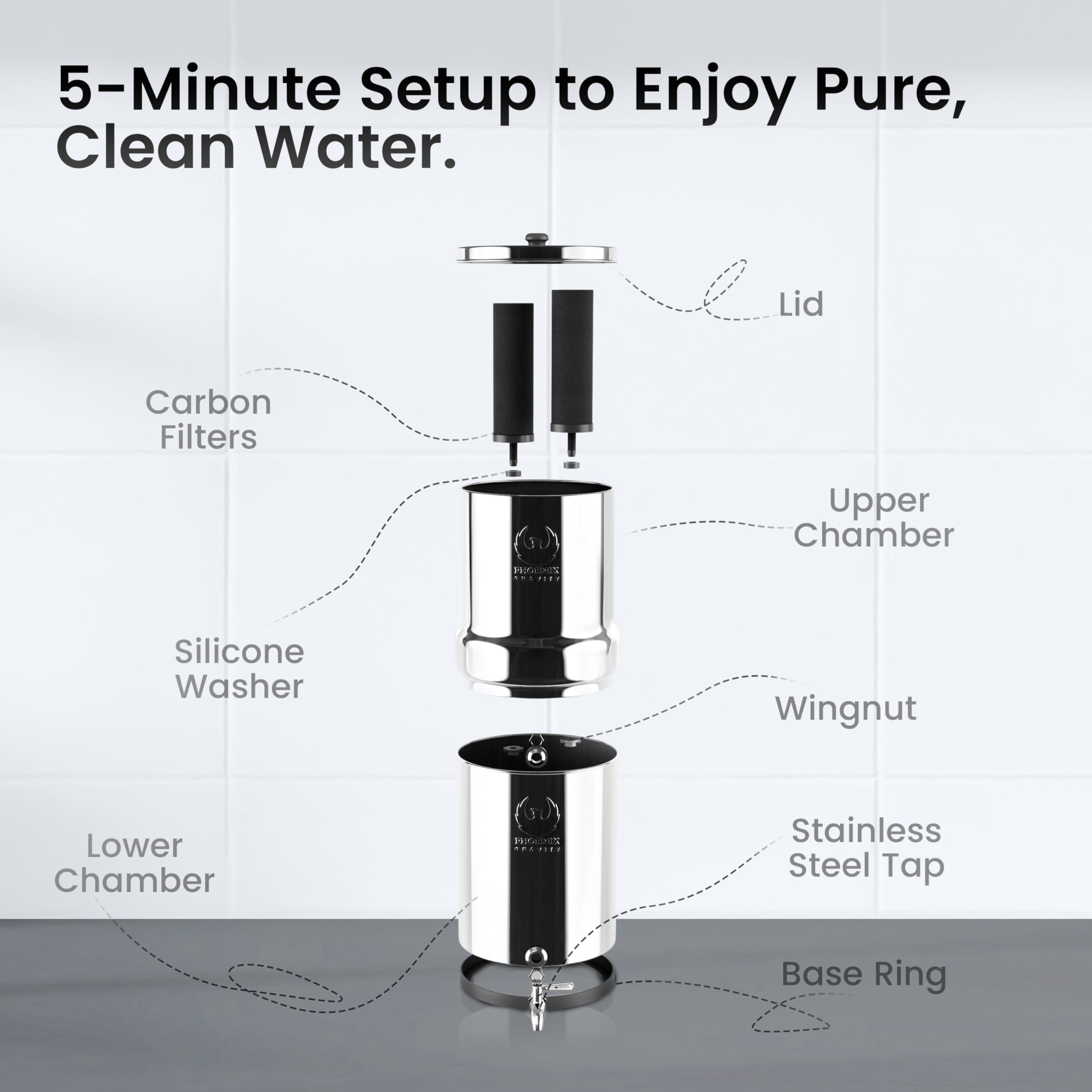 Gravity Water Filter System - 1.5 Gallons NSF Certified AISI 304 Stainless Steel