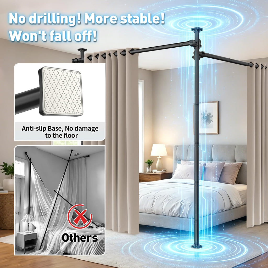 SUNALLY Tension Curtain Rod Room Divider 4-10FT No Drill Floor Ceiling Black