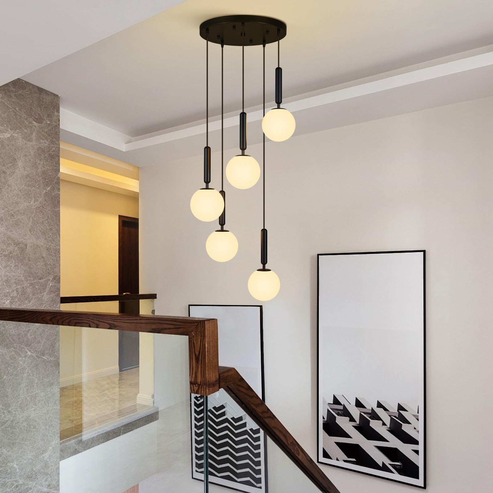 5 Light Black Globe Pendant Light Mid Century Modern Milk Glass Kitchen Island