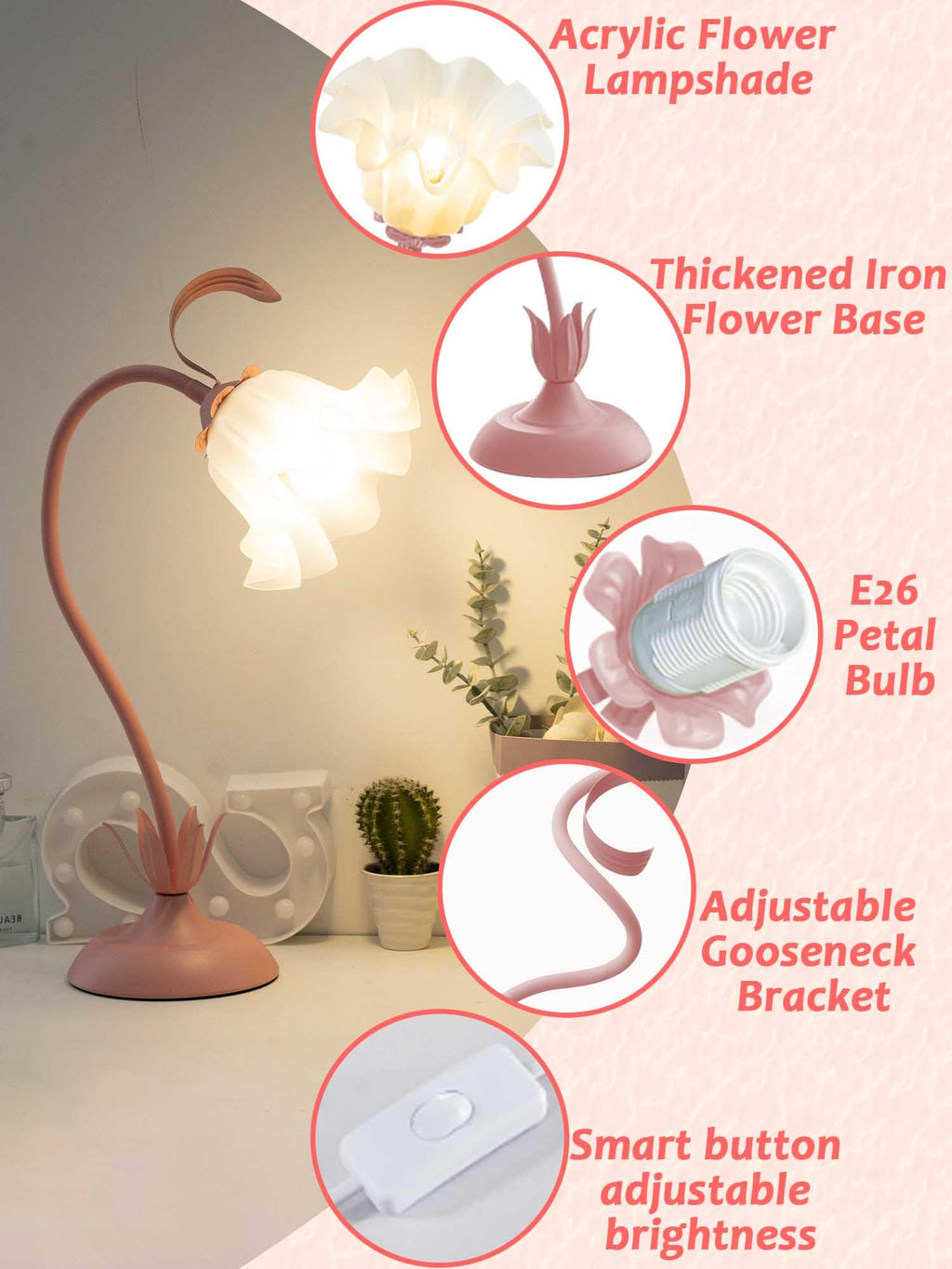 Flower Table Lamp LED Bedside Night Light 3 Color Modes Pink Kawaii Decor