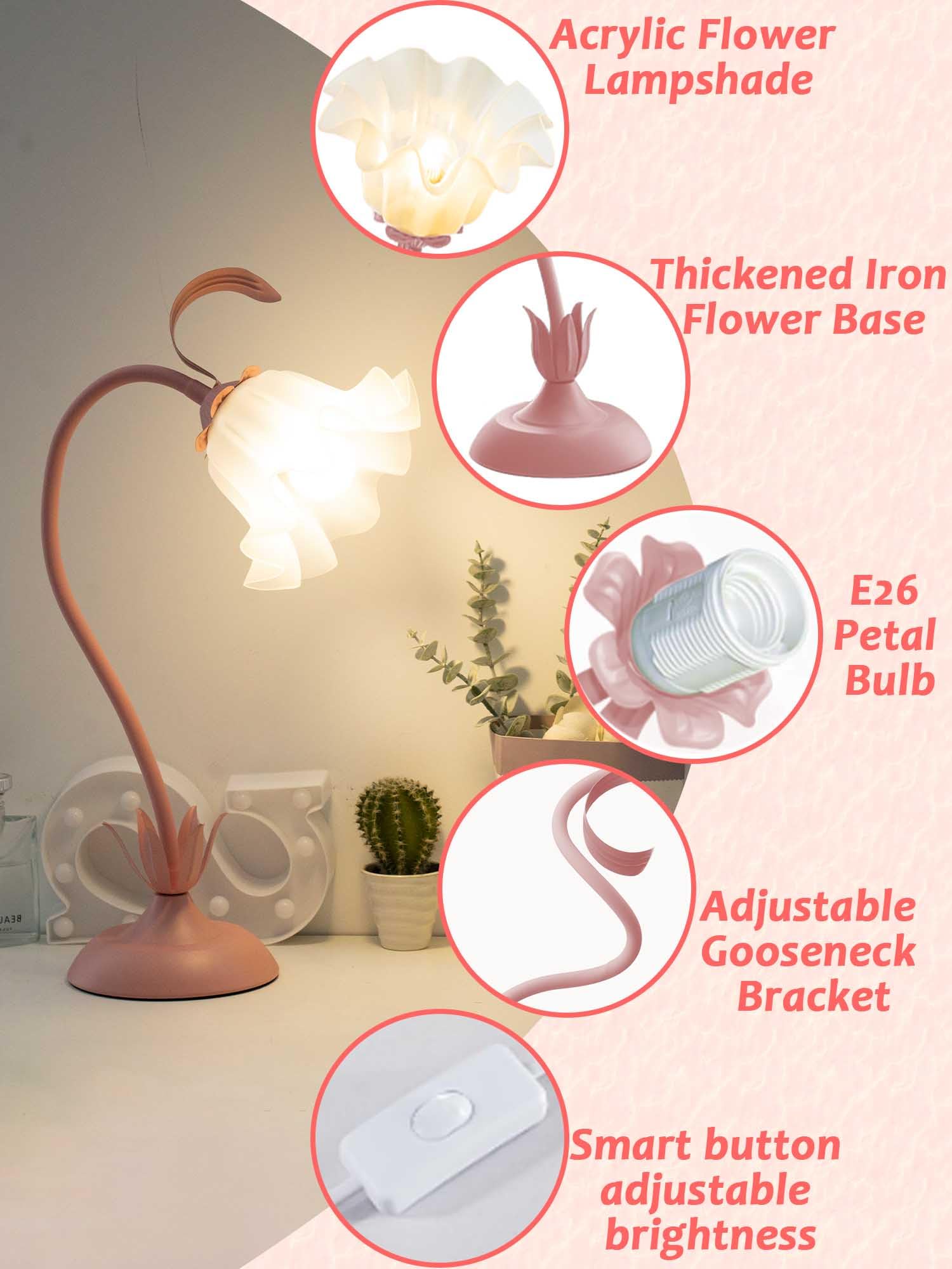 Flower Table Lamp LED Bedside Night Light 3 Color Modes Pink Kawaii Decor