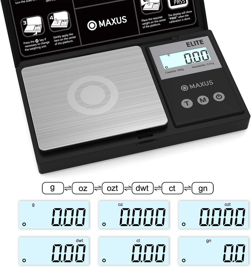 MAXUS Digital Pocket Gram Scale 500g x 0.01g High Precision with Tray, Weighs