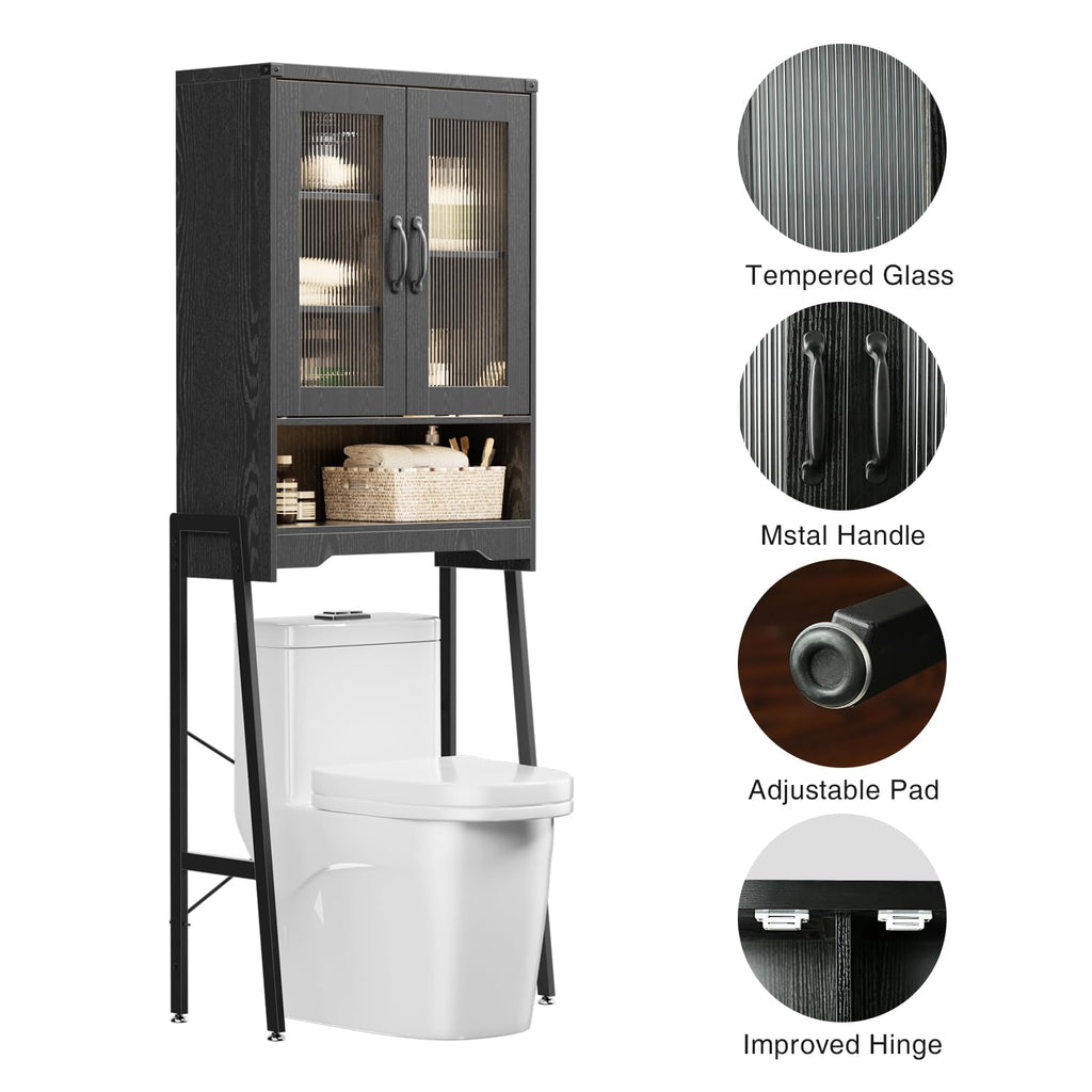 Over The Toilet Storage Cabinet with Tempered Glass Doors & Adjustable Shelf,