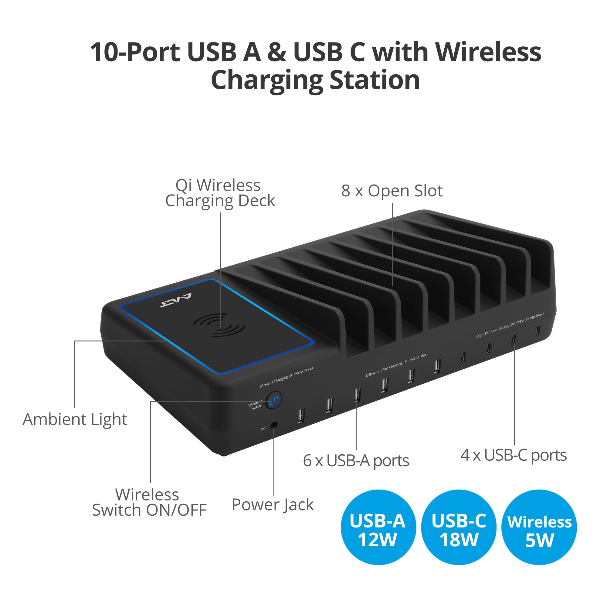 AVLT 150W 10 Port USB Charging Station Qi Wireless Charger Organizer Black
