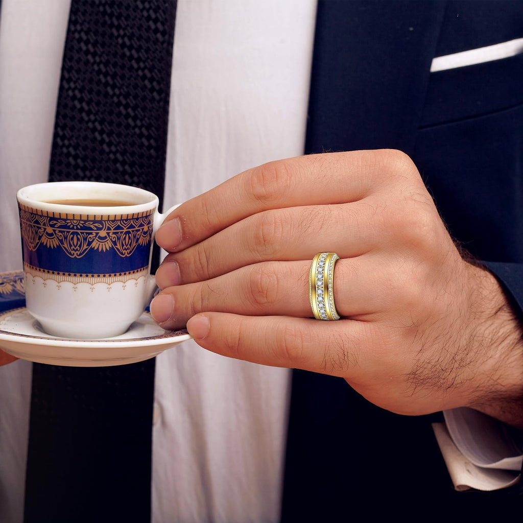 LOIPURI Men's Wedding Band 14K Gold Plated Wedding Ring with 3 Row Classic