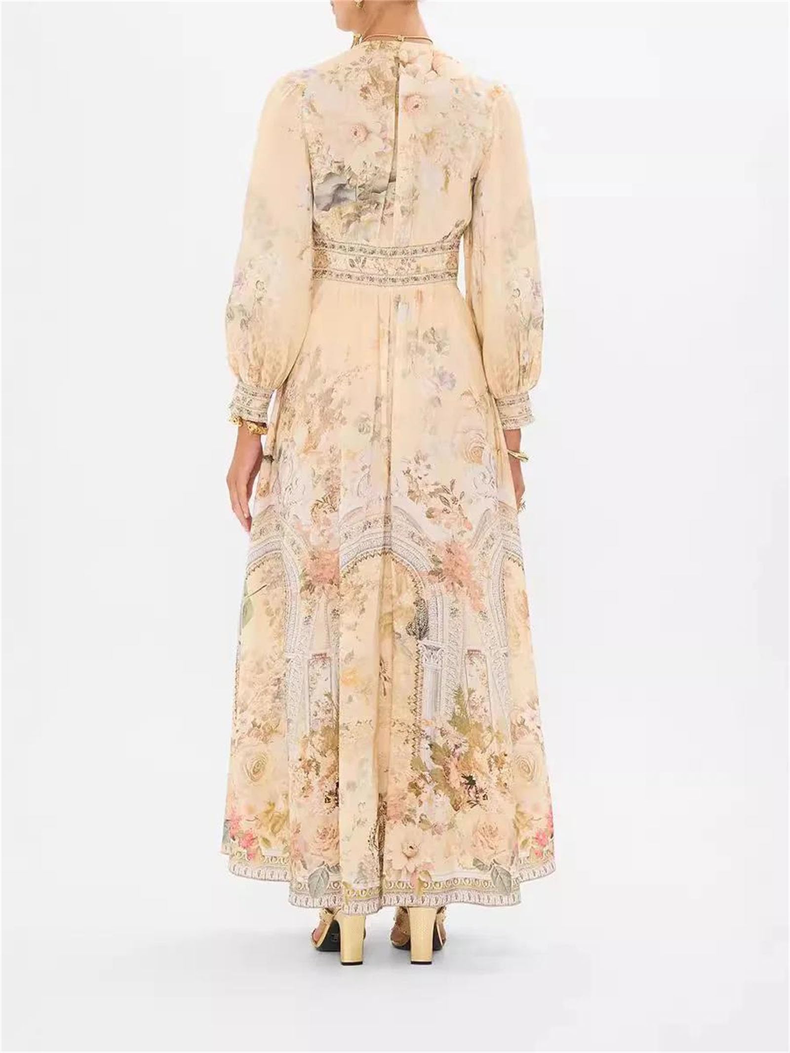 Women Puff Sleeve Midi Dress Long Sleeve Tie Waist Flowy Elegant Summer Casual