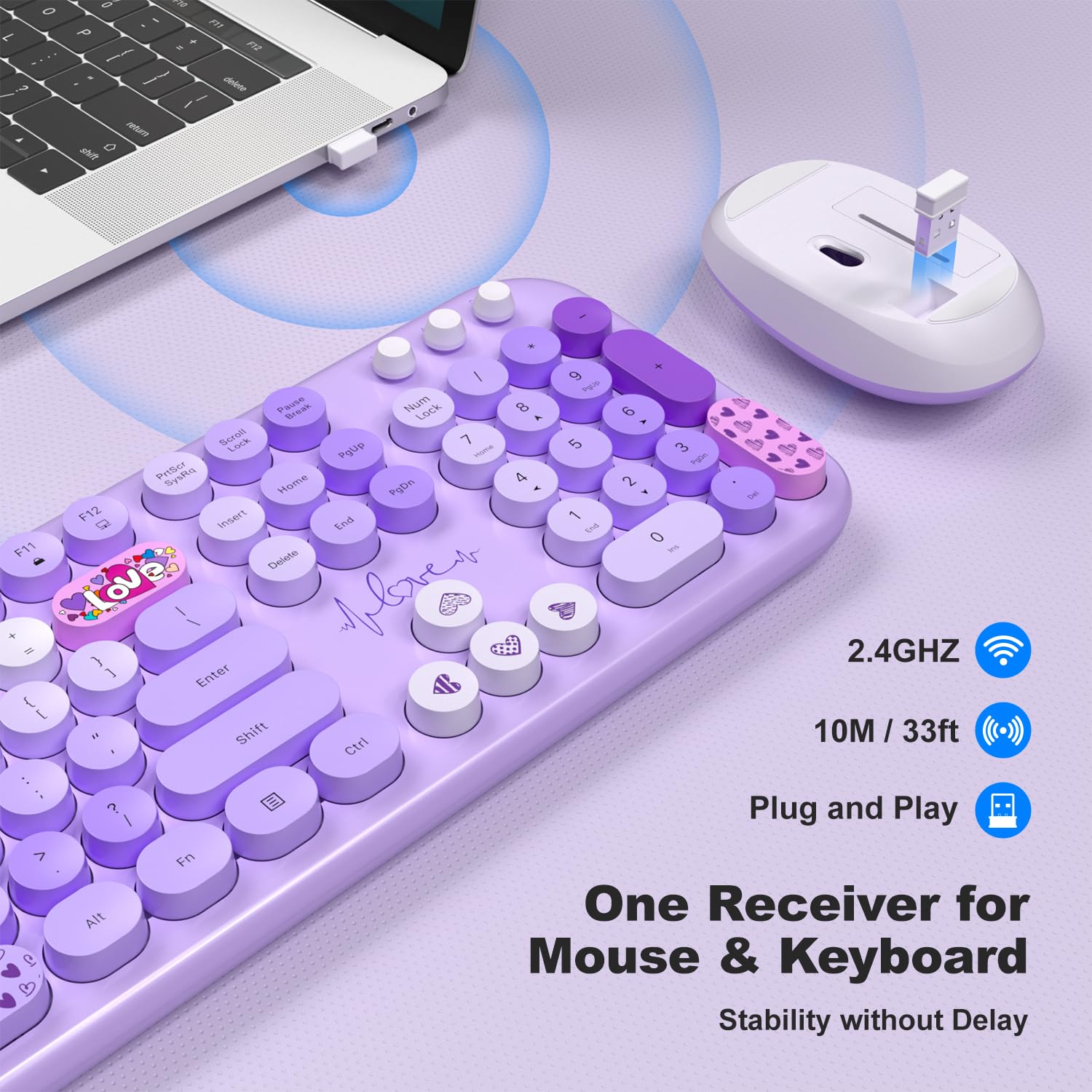Wireless Keyboard and Mouse, SQMD Colorful Typewriter Retro Keyboard with Round