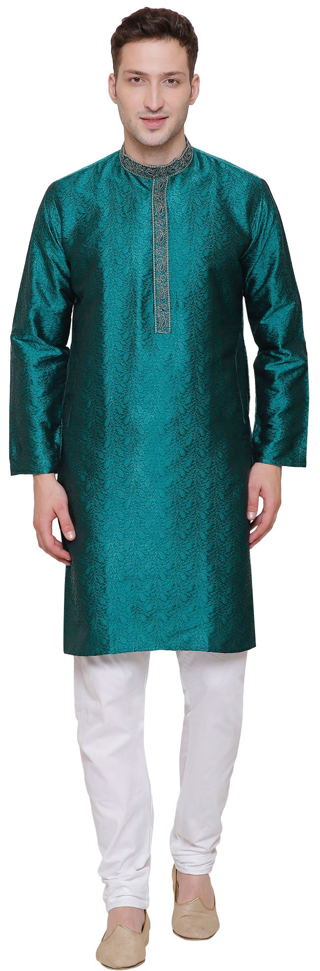 Poly Silk Men's Kurta Pajama India Clothing Wedding Party Wear (Green, XL)
