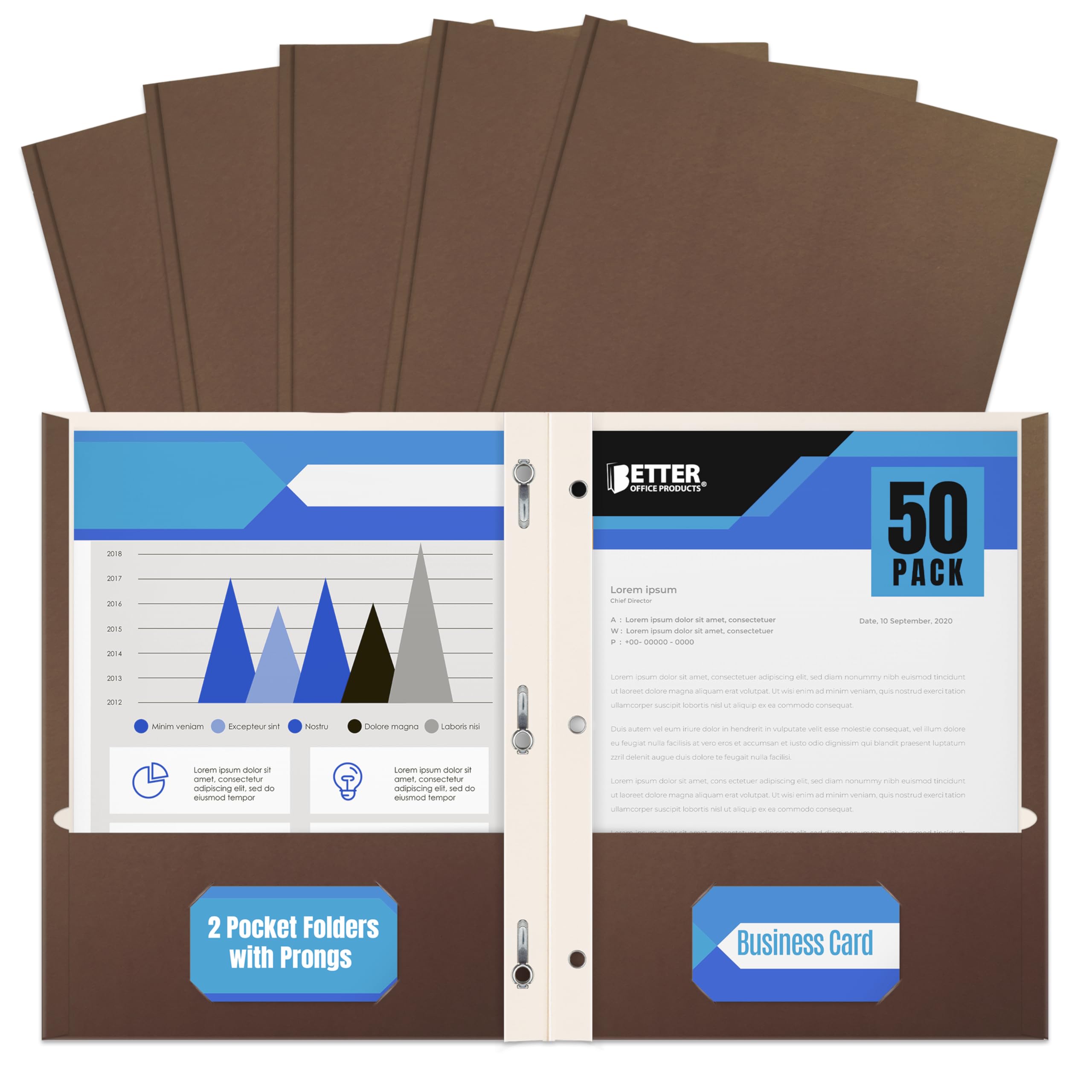 Better Office Products Brown Paper 2 Pocket Folders with Prongs, Matte Texture,