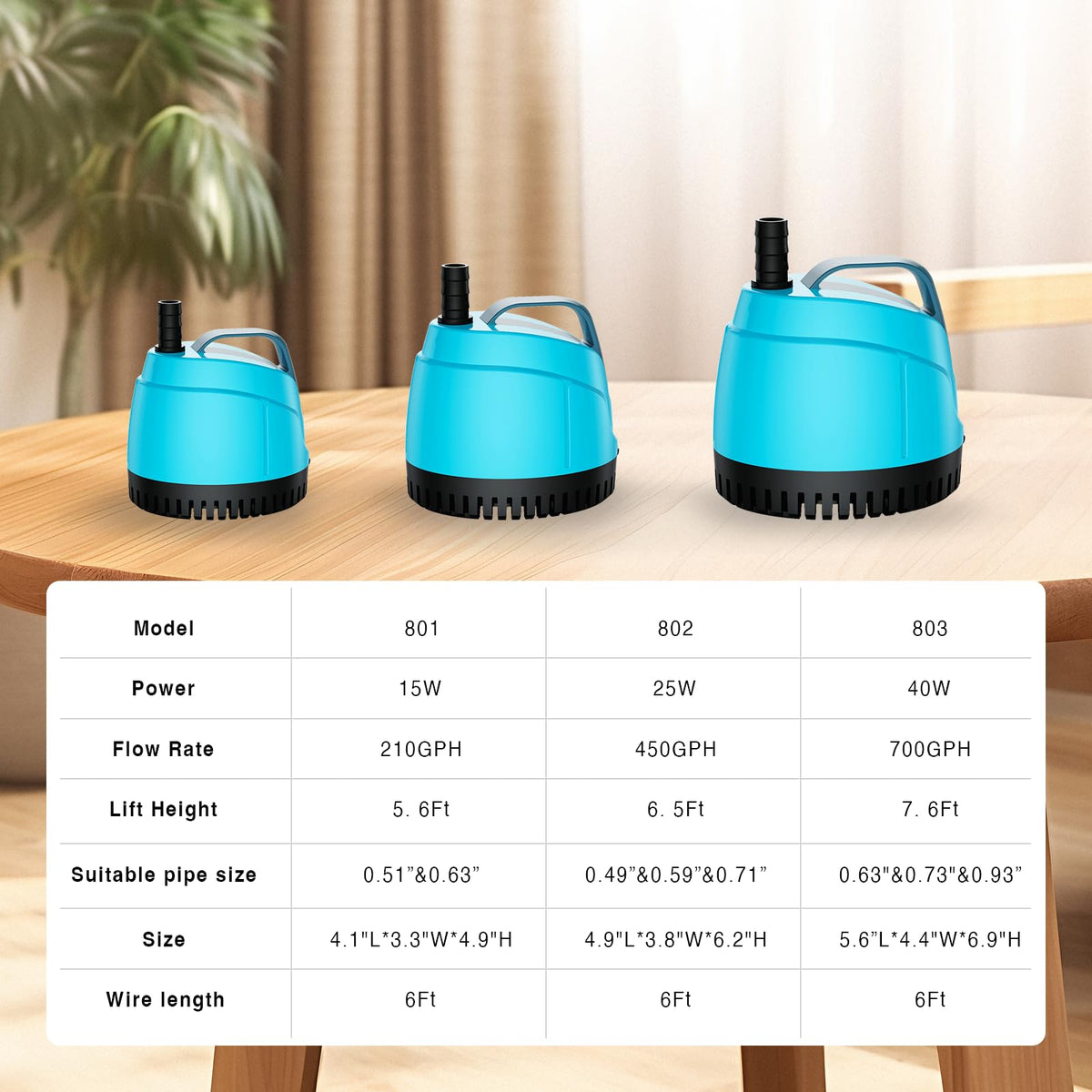WUCIOOO 210GPH Ultra Quiet Bottom Suction Submersible Water Pump (780L/H, 15W)