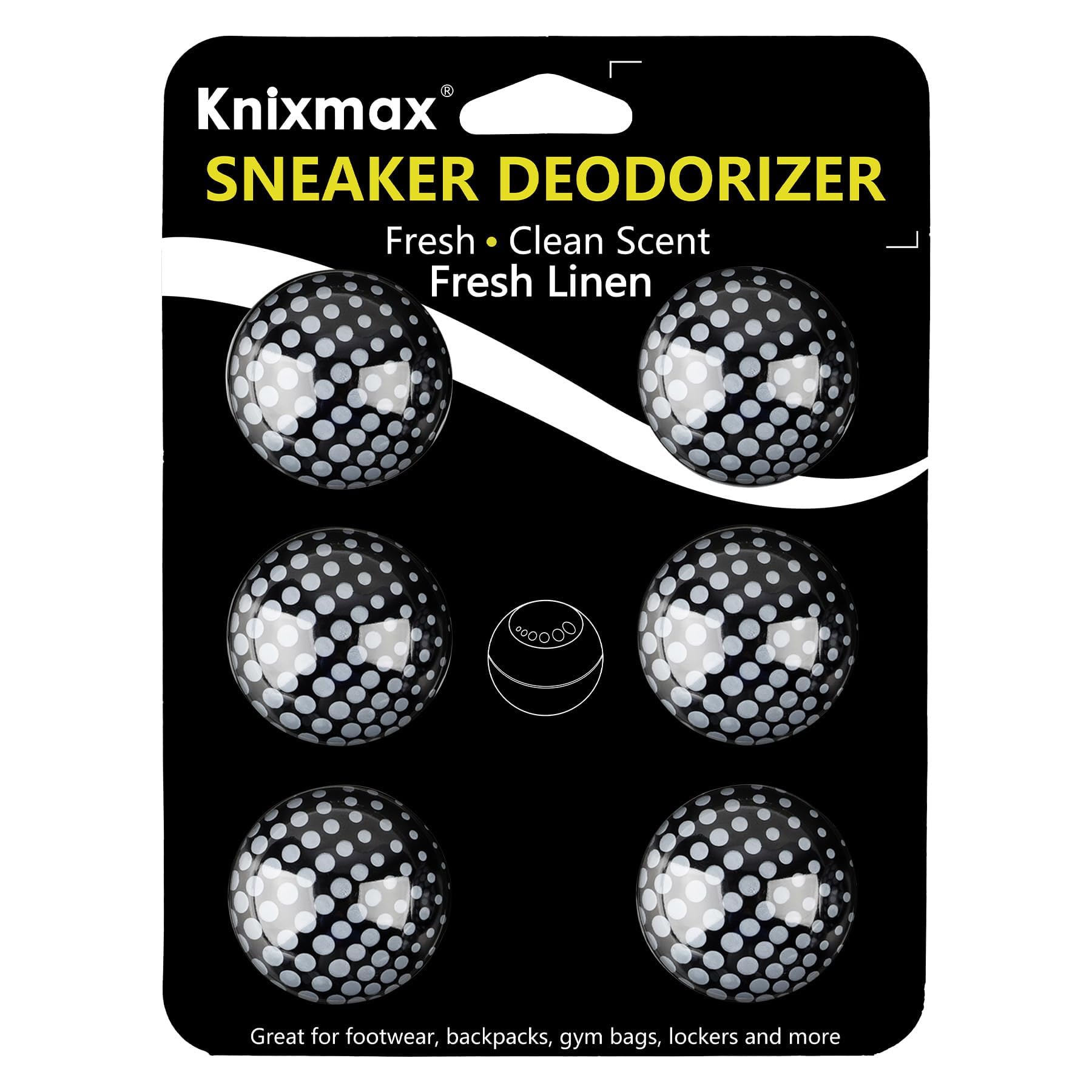 Knixmax Sneaker Deodorizer Shoe Freshener Balls, Odor Eaters for Shoes Boots Mules, Smell Eliminator Ball for Gym Gear Bags and Lockers, Fresh Linen Scent, Pack of 6, Black White
