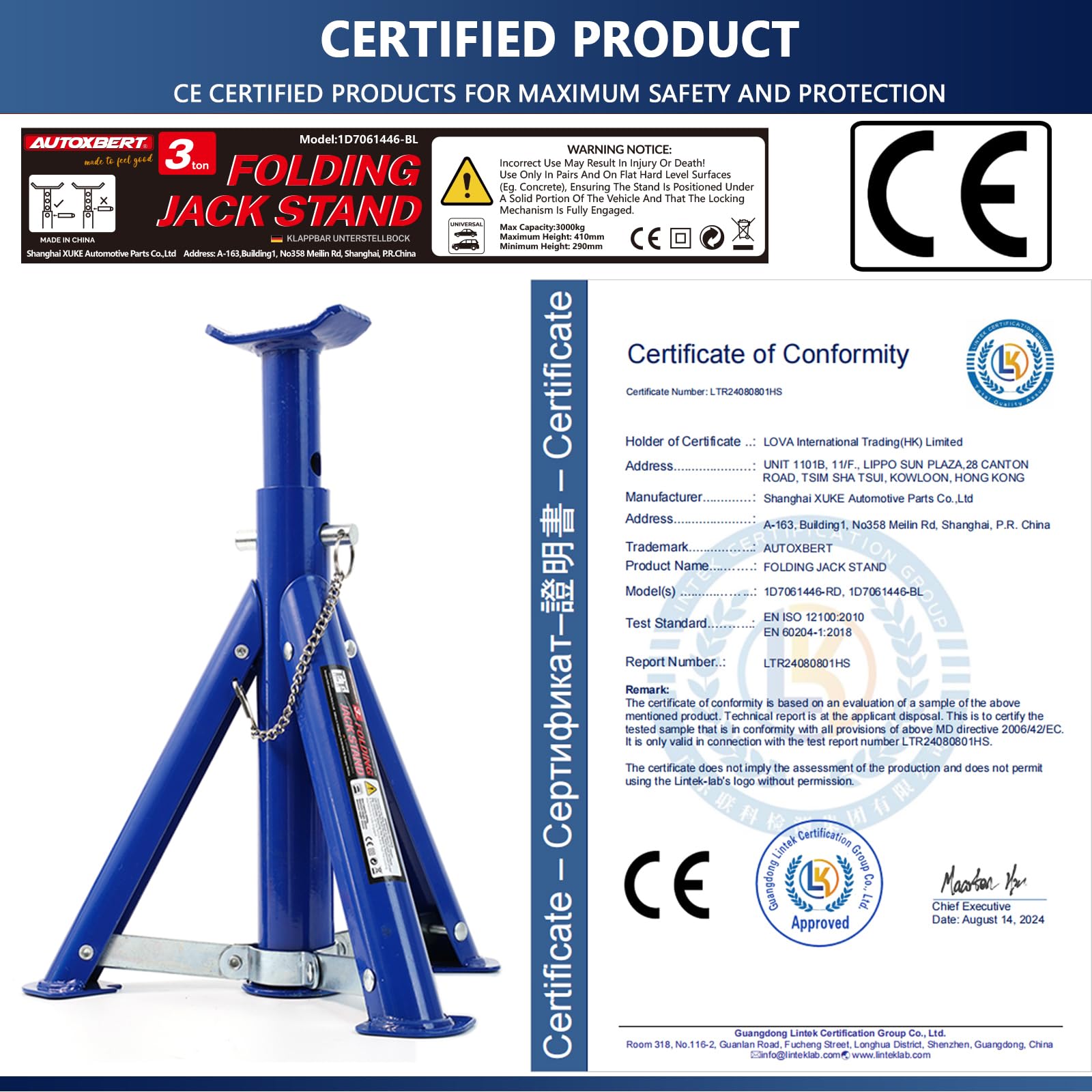 2PC 3 Ton Jack Stands Adjustable Steel Folding Auto Lift Support Blue