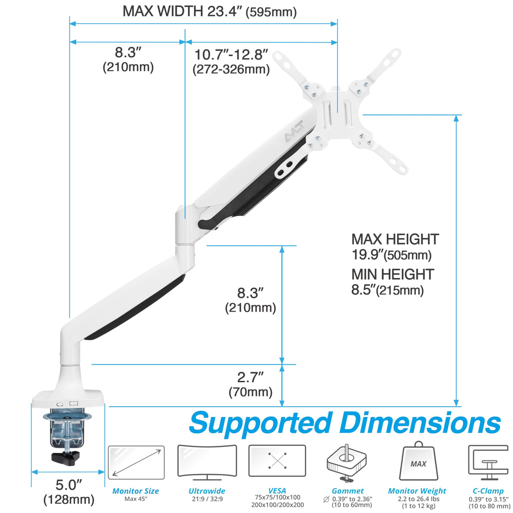 AVLT Single 17"-45" Monitor Arm Desk Mount Premium Mechanical Spring fits One Flat/Curved/Ultrawide Monitor Full Motion Height Swivel Tilt Rotation Adjustable, White