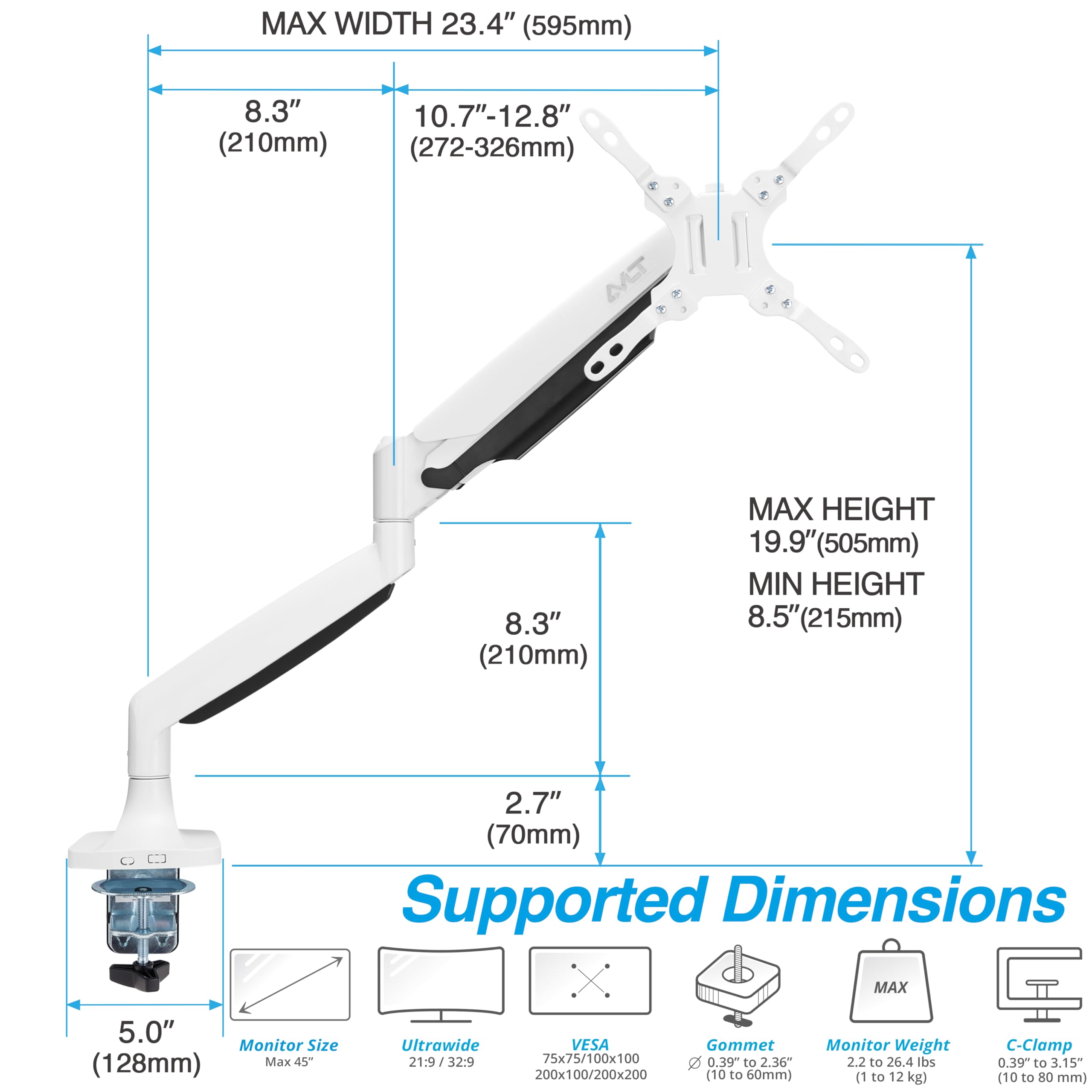 AVLT Single 17"-45" Monitor Arm Desk Mount Premium Mechanical Spring fits One Flat/Curved/Ultrawide Monitor Full Motion Height Swivel Tilt Rotation Adjustable, White