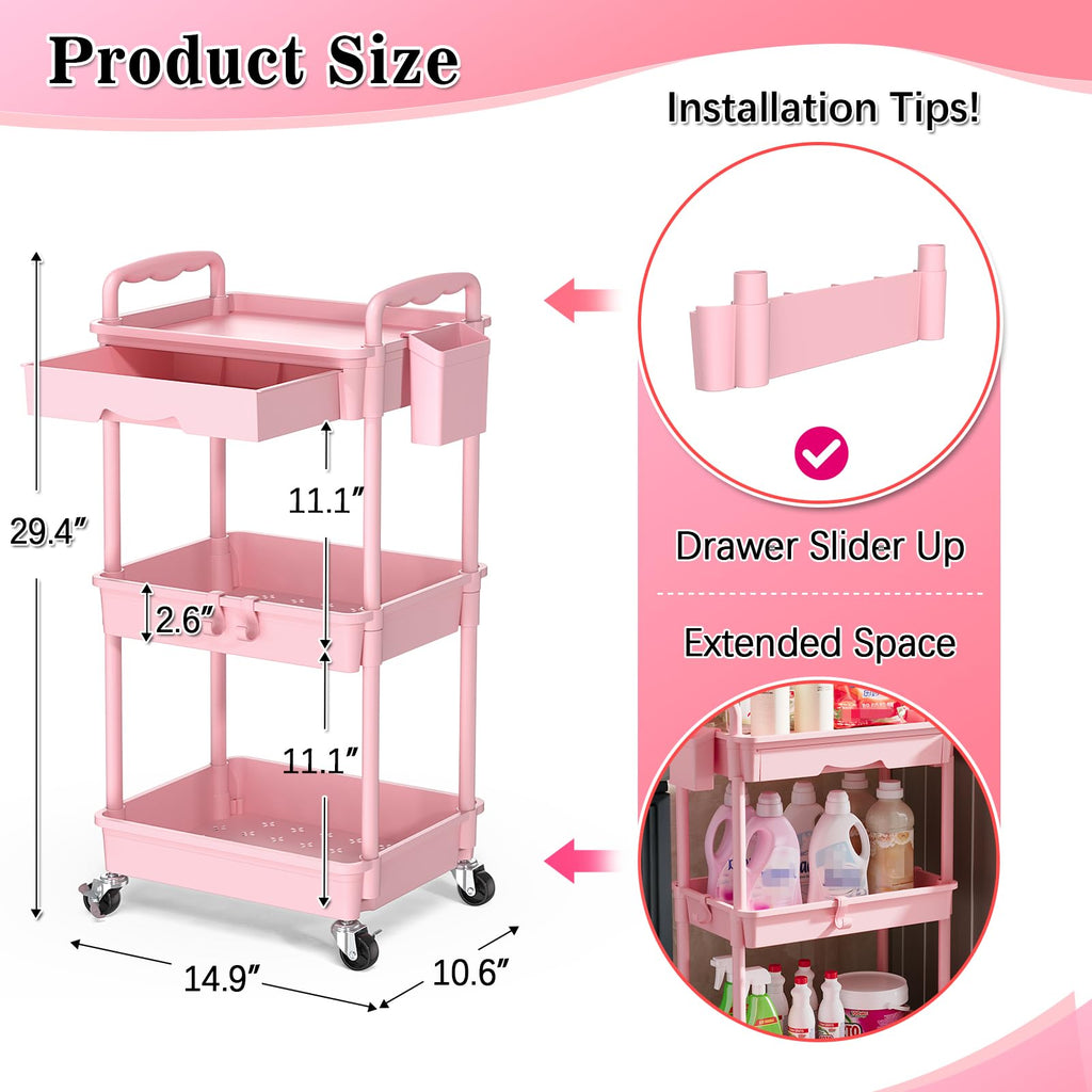 3 Tier Rolling Cart with Drawer Pink Storage Organizer Bathroom Kitchen Office