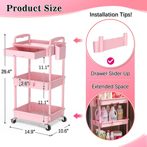 3 Tier Rolling Cart with Drawer Pink Storage Organizer Bathroom Kitchen Office