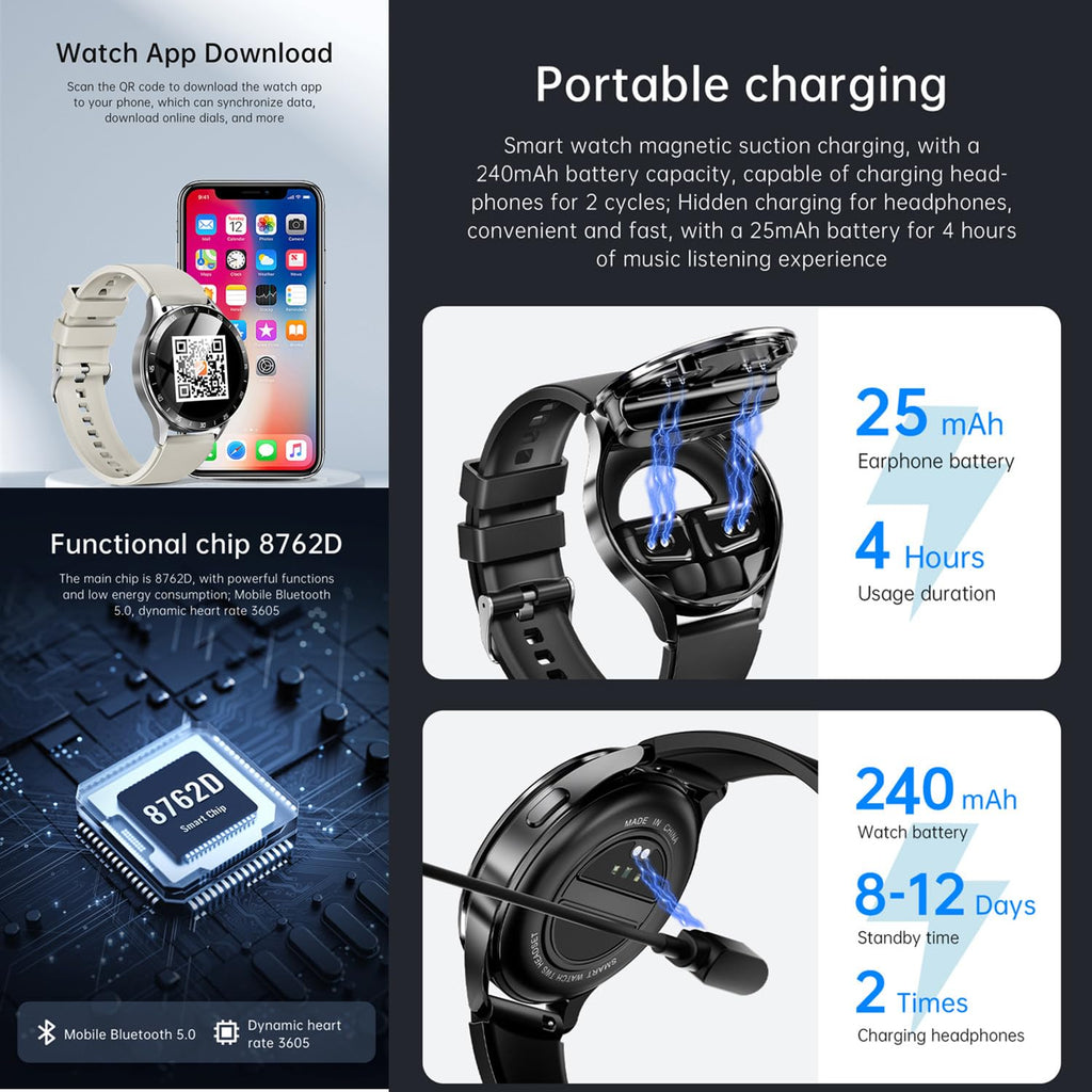X10 Smart Watch with Earbuds for iPhone Android Smartphones 1.39 Inch Round