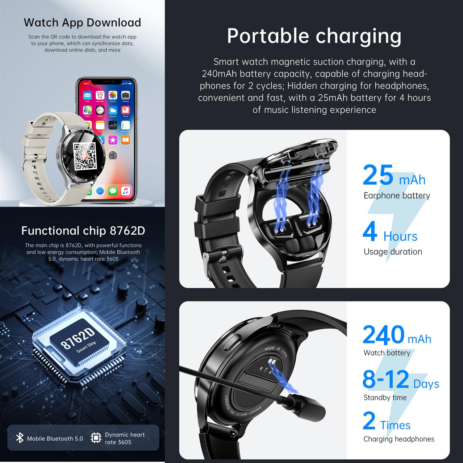 X10 Smart Watch with Earbuds for iPhone Android Smartphones 1.39 Inch Round