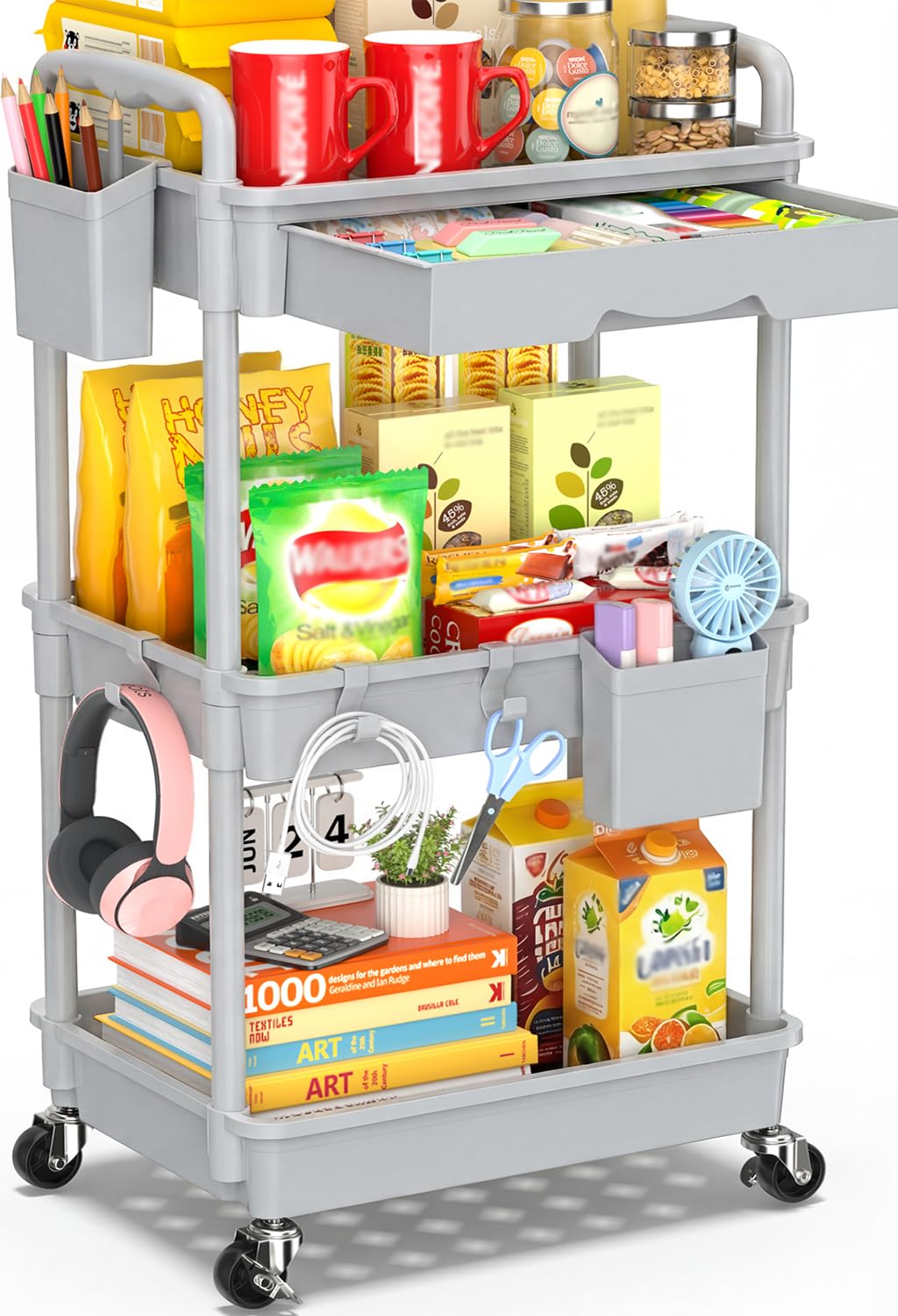 SUNALLY 3 Tier Rolling Cart with Drawer, Bathroom Storage Organizer with 2